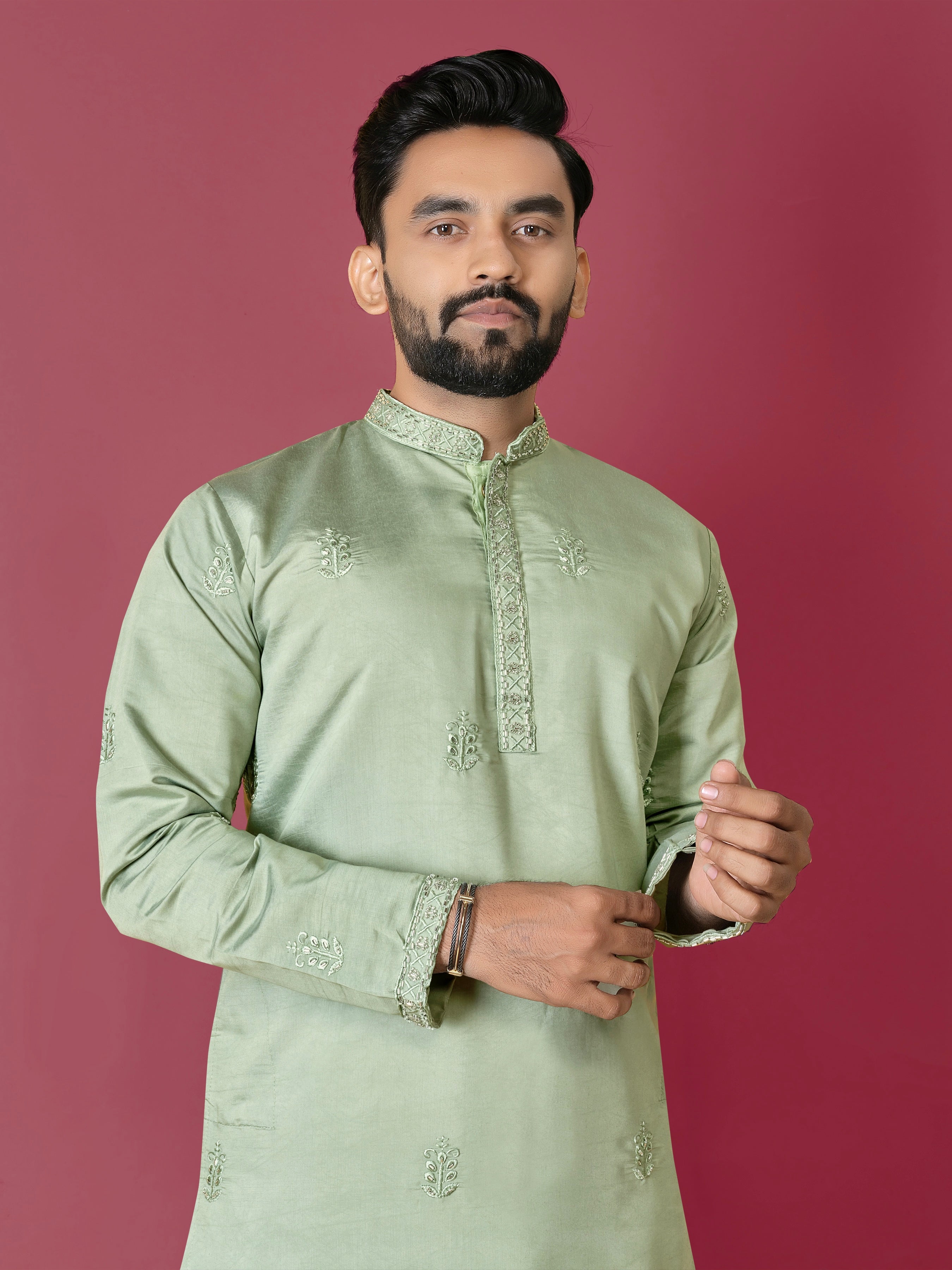 Men's Roman Silk Kurta With Hand Work Pista