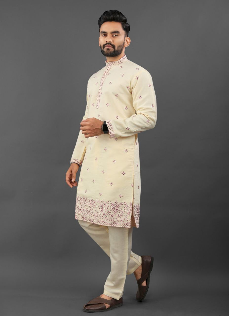 Men's Heritage Glory Russian Silk Light Yellow Kurta Set
