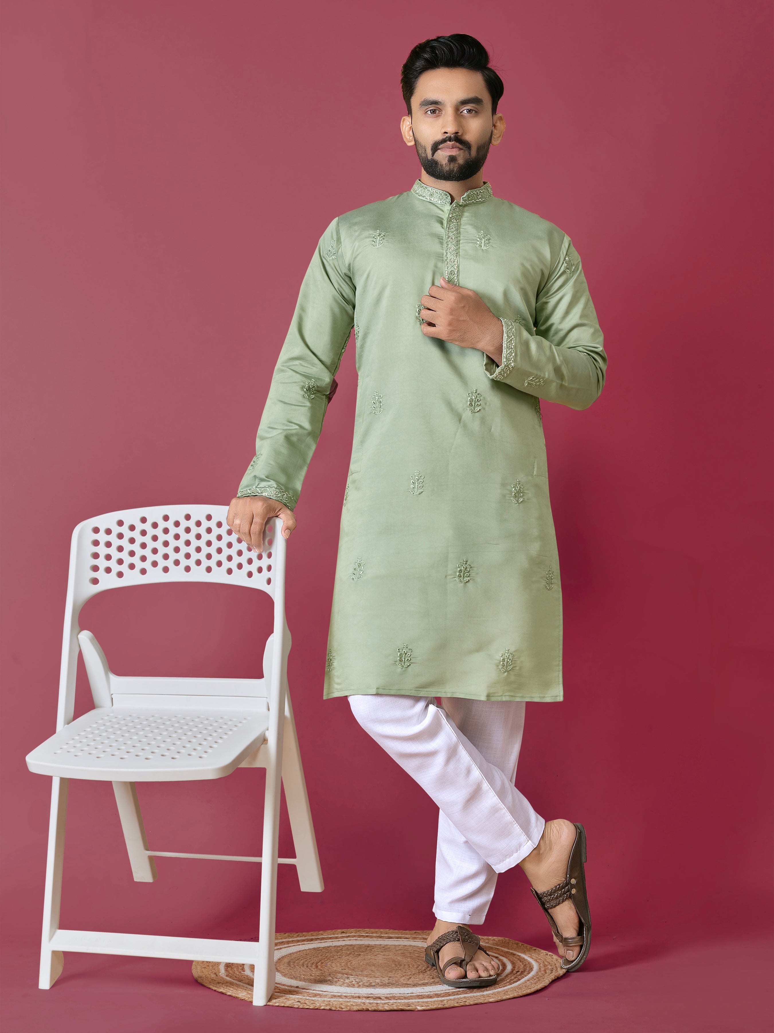 Men's Roman Silk Kurta With Hand Work Pista