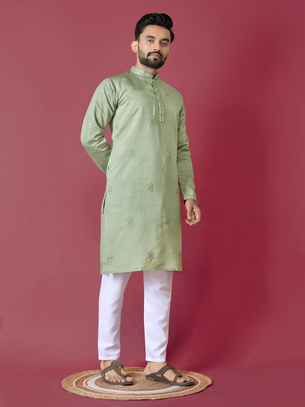 Men's Roman Silk Kurta With Hand Work Pista