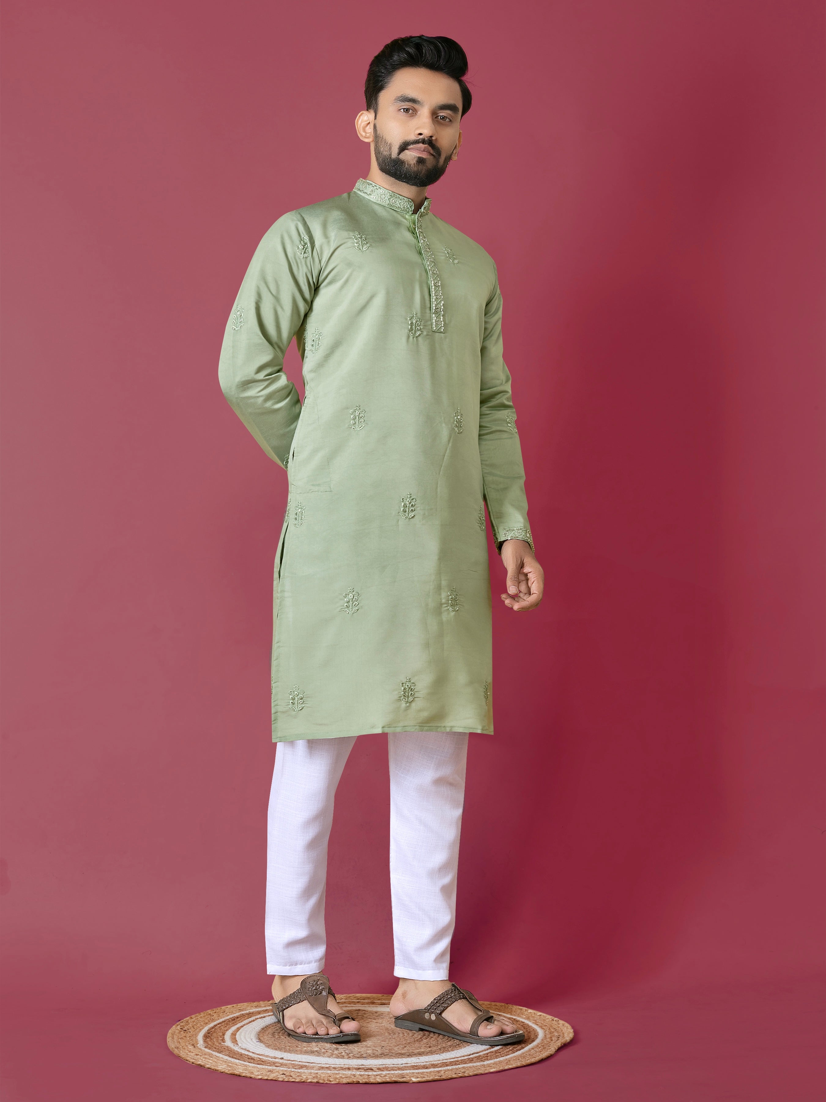 Men's Roman Silk Kurta With Hand Work Pista