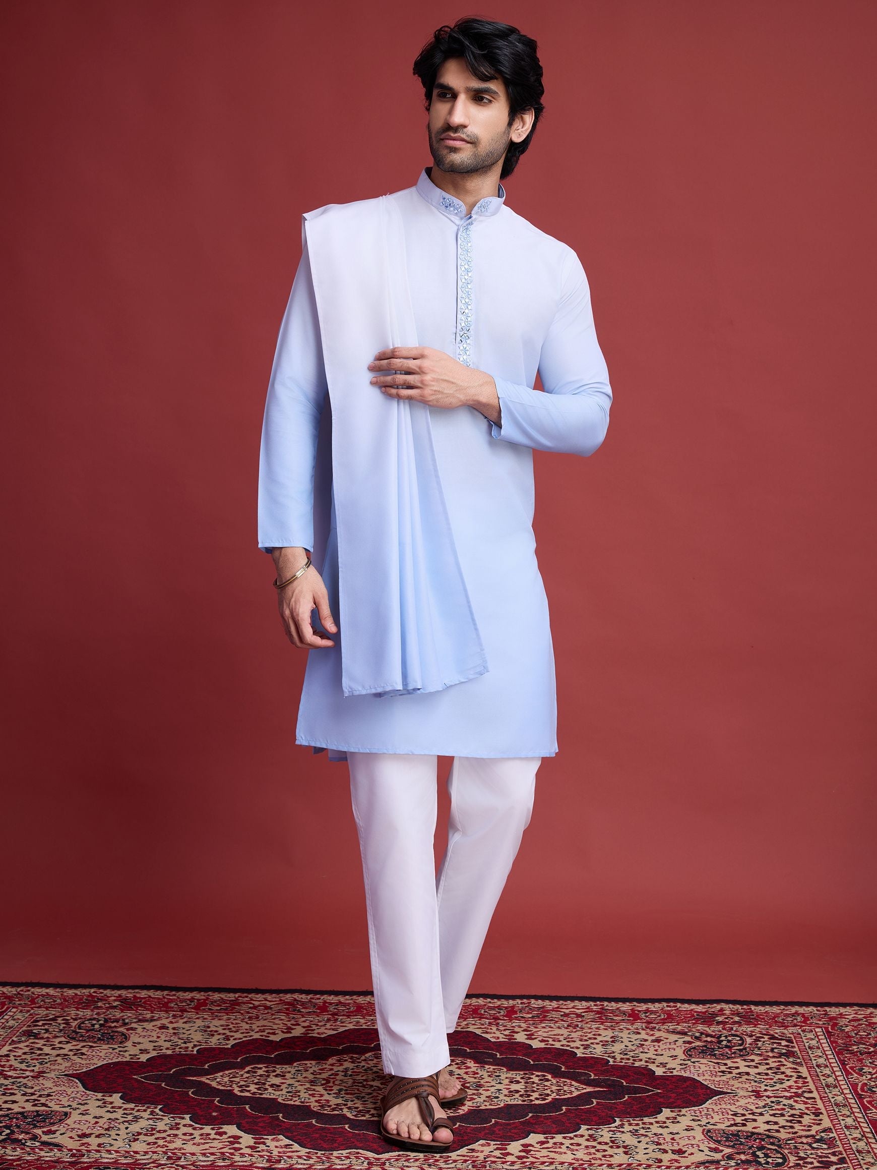 Men's Real Radiant Reflection Mirror Work Sky Blue Kurta