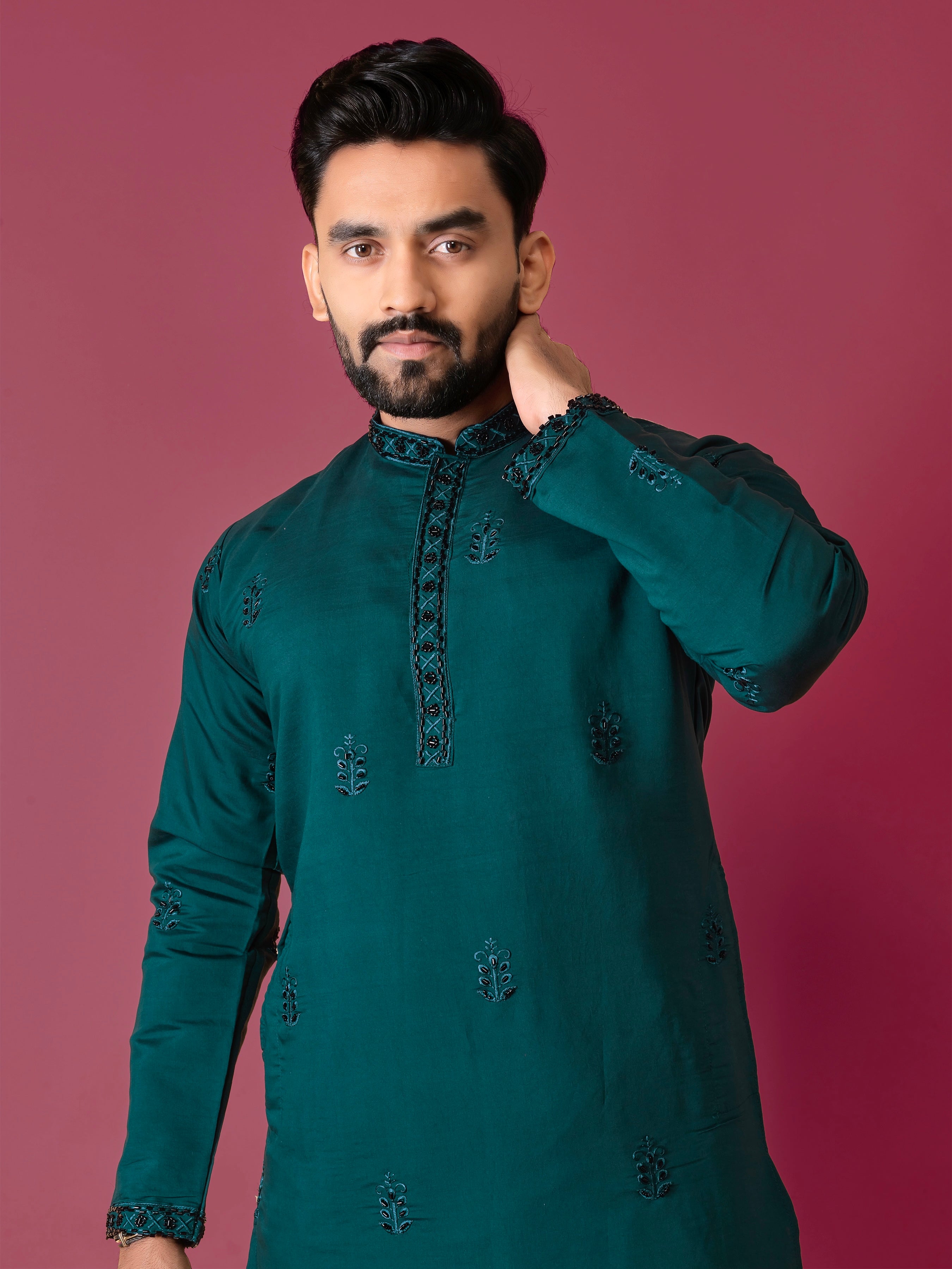 Men's Roman Silk Kurta With Hand Work Green