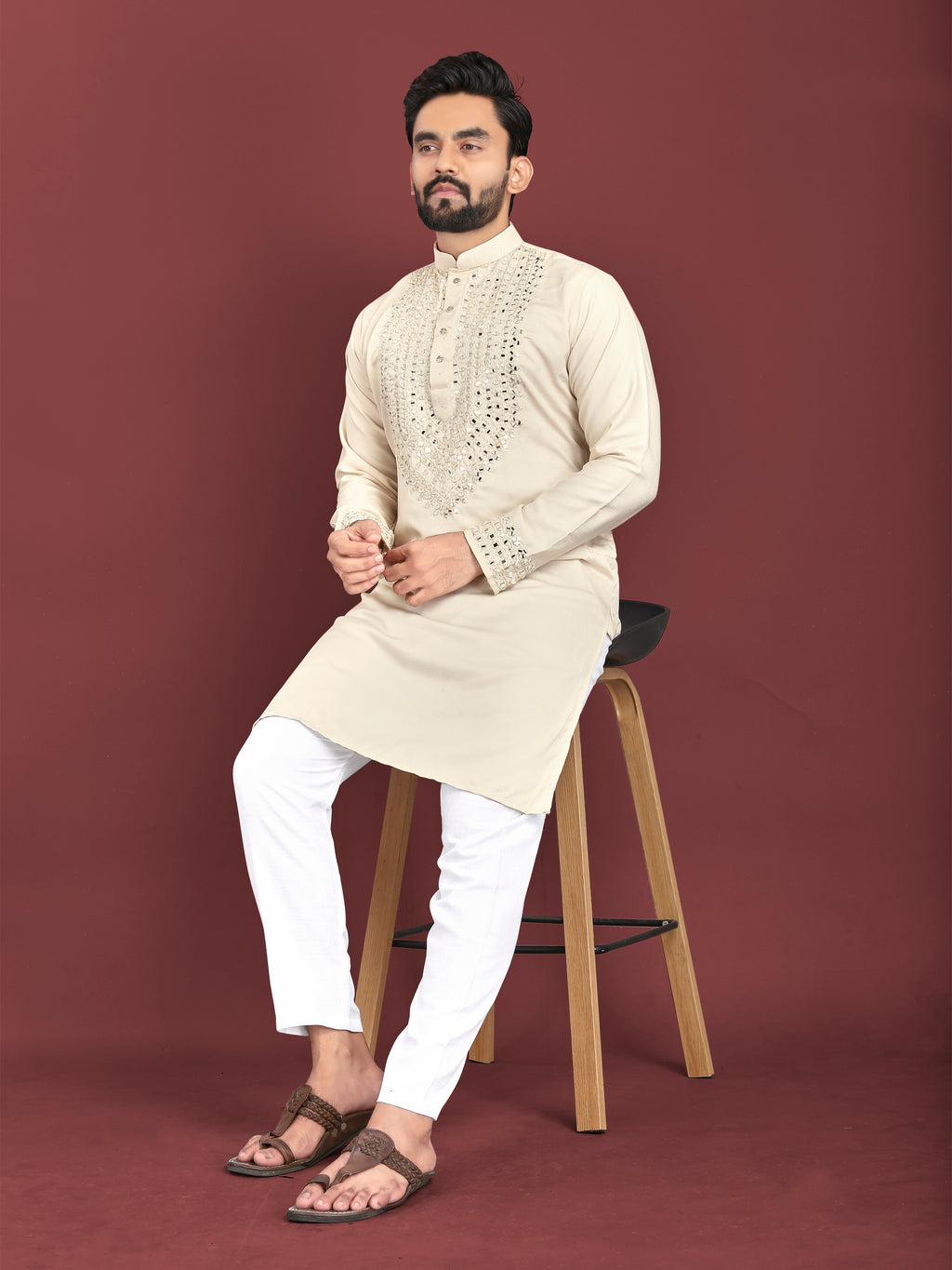 Kohinoor Kurta with Real Mirror Handwork Beige