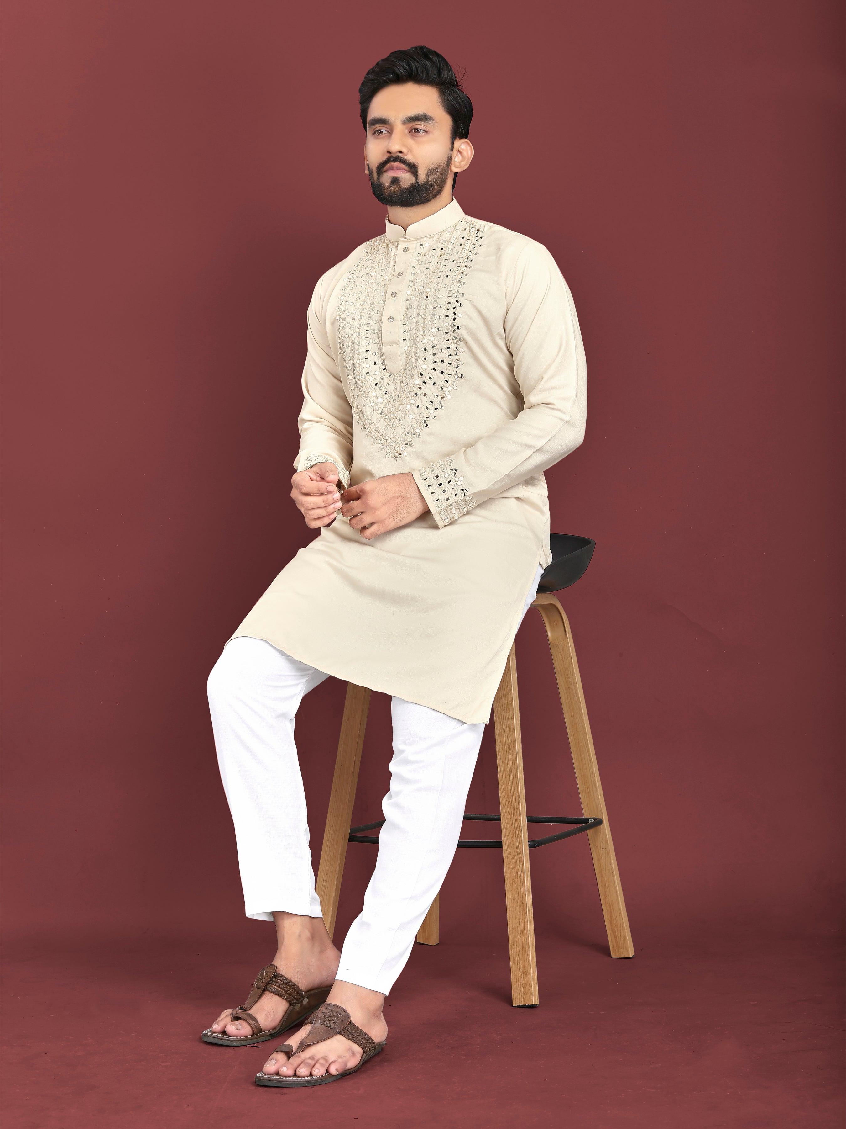 Kohinoor Kurta with Real Mirror Handwork Beige