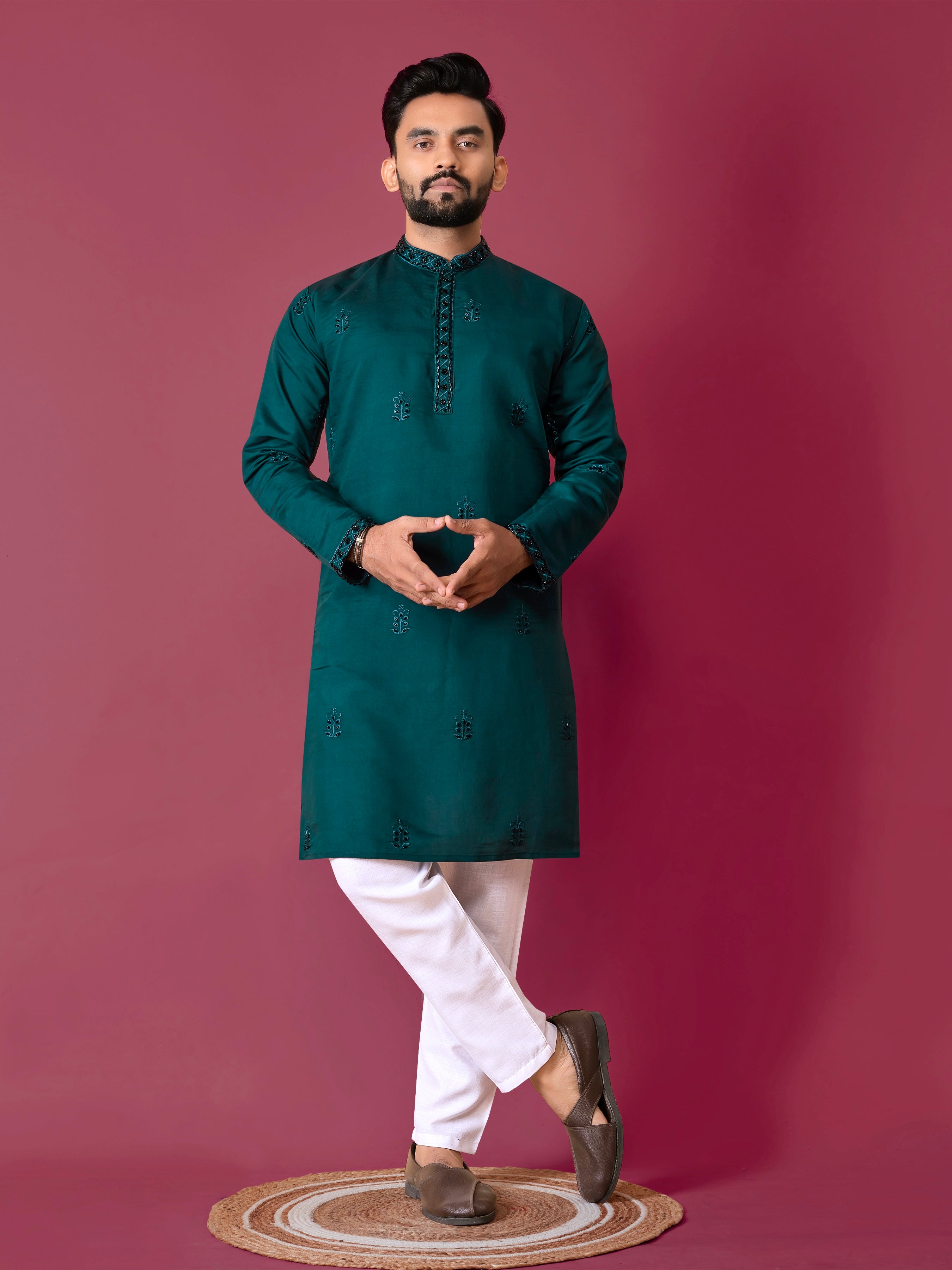 Men's Roman Silk Kurta With Hand Work Green