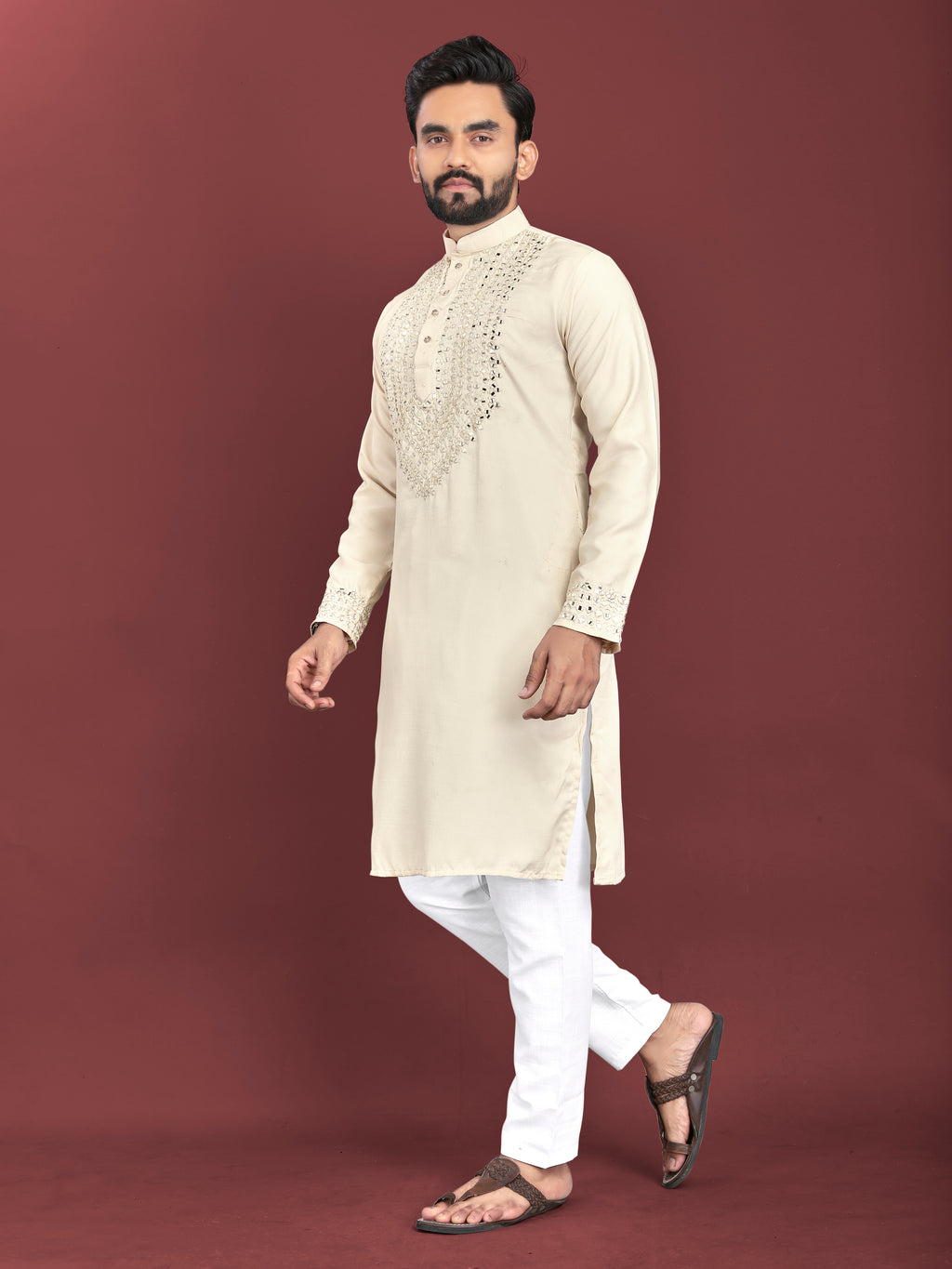 Kohinoor Kurta with Real Mirror Handwork Beige