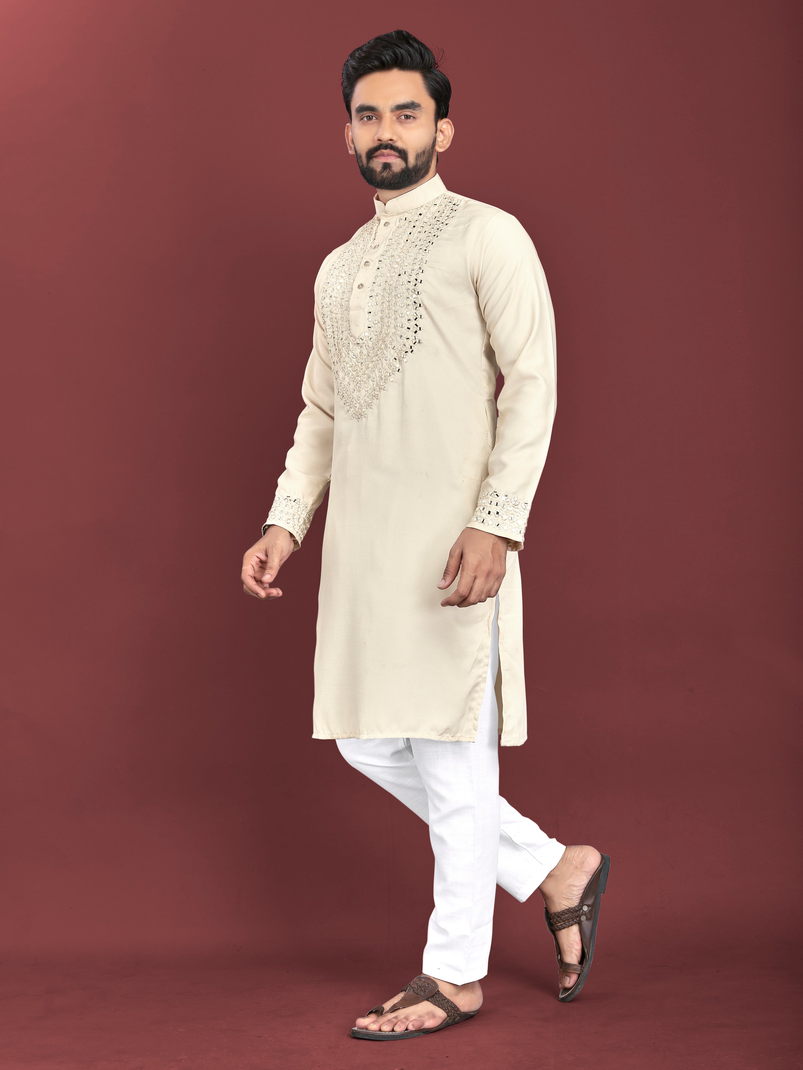 Kohinoor Kurta with Real Mirror Handwork Beige