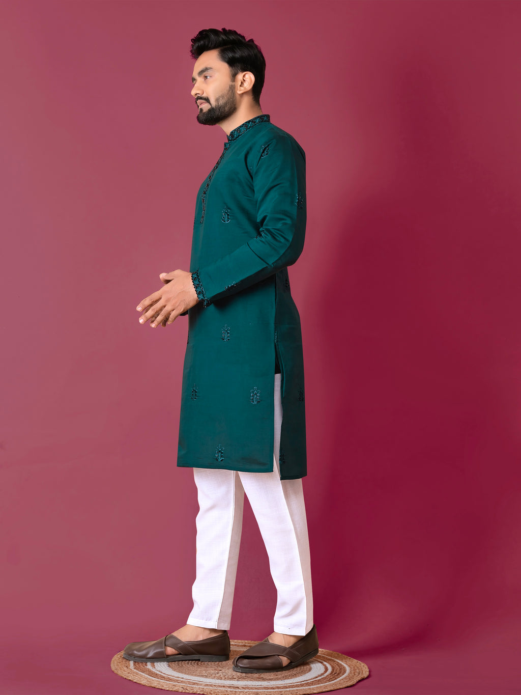 Men's Roman Silk Kurta With Hand Work Green