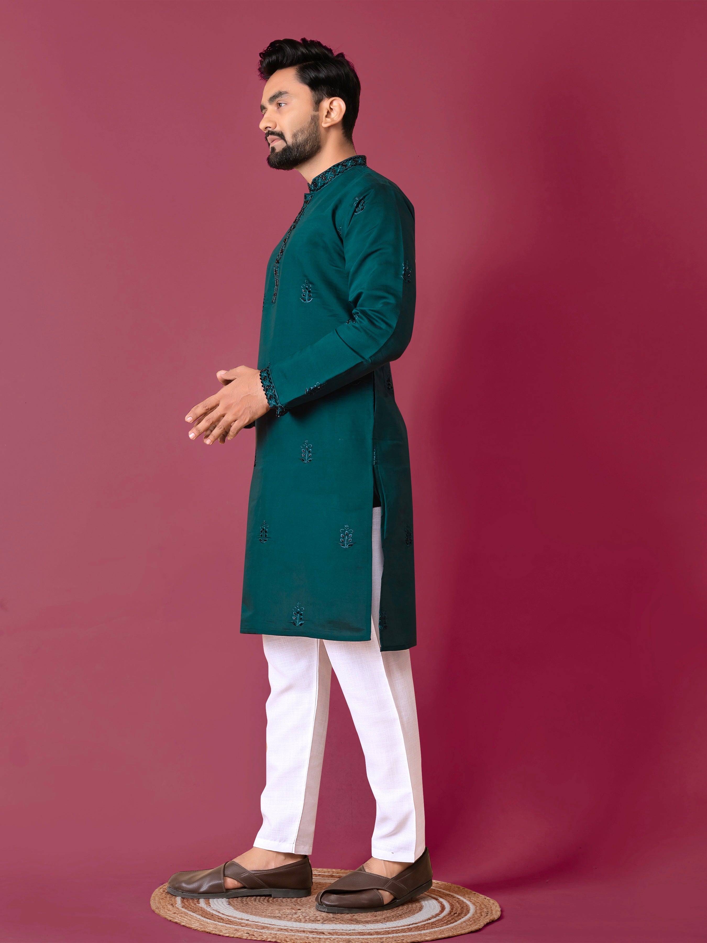 Men's Roman Silk Kurta With Hand Work Green