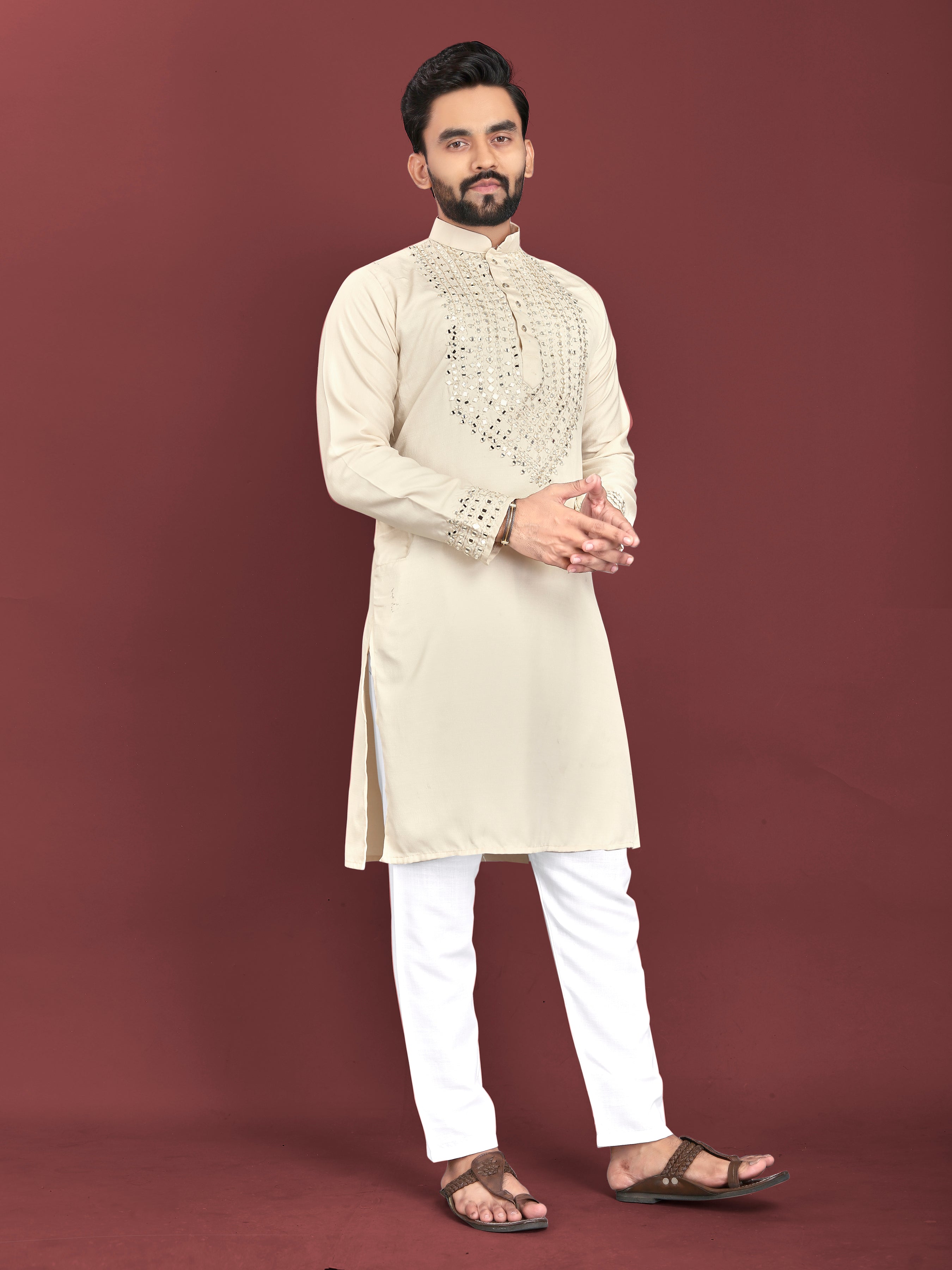 Kohinoor Kurta with Real Mirror Handwork Beige