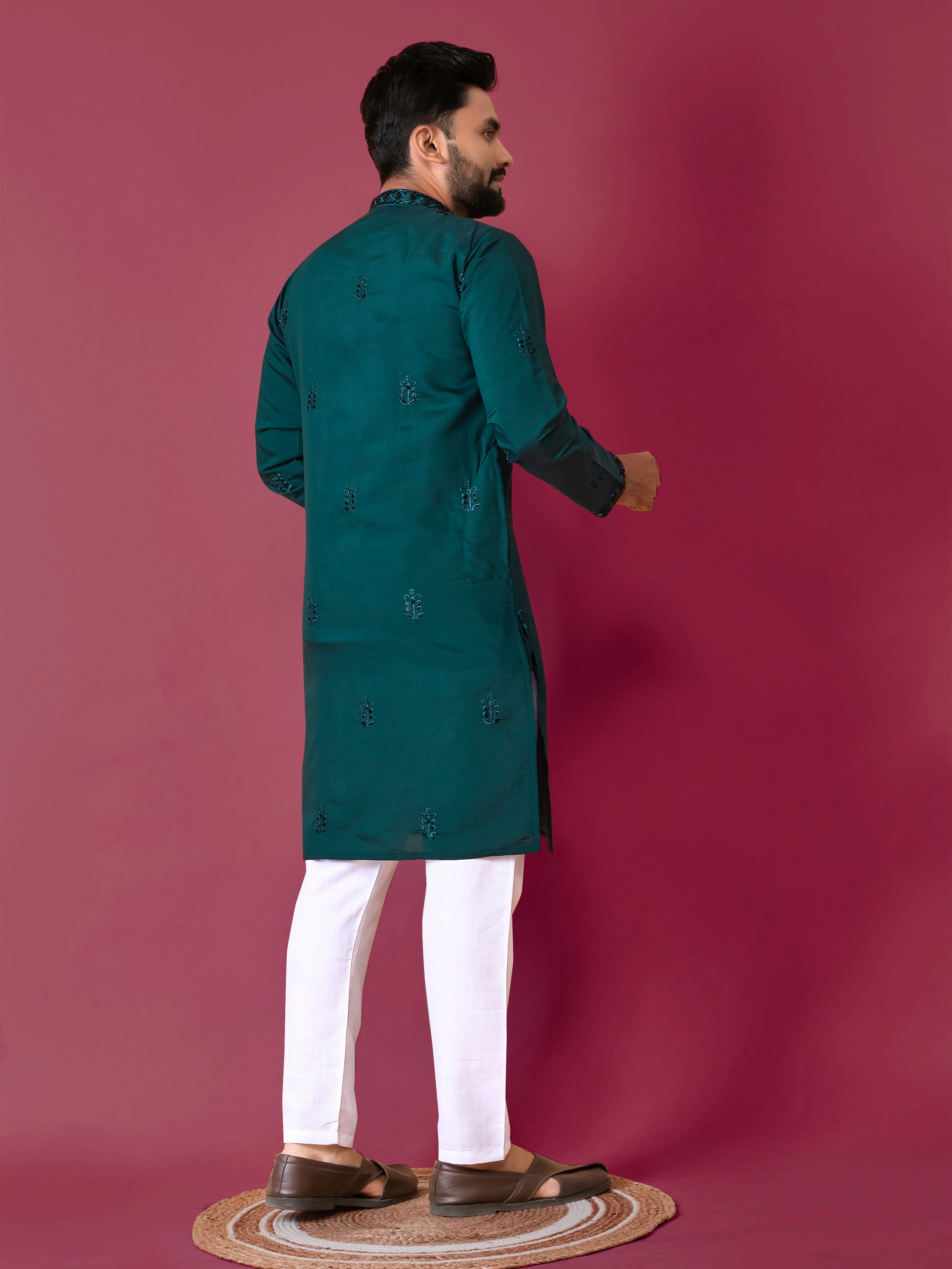 Men's Roman Silk Kurta With Hand Work Green