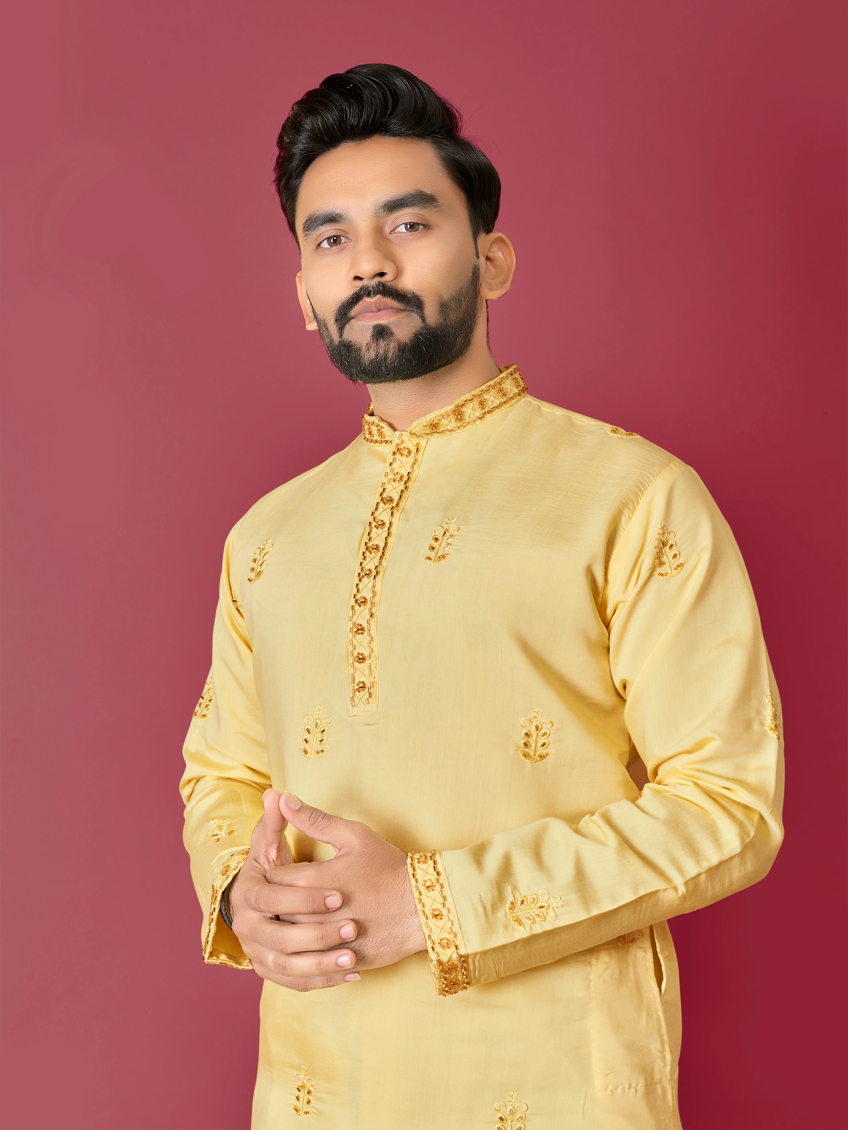 Men's Roman Silk Kurta With Hand Work Yellow