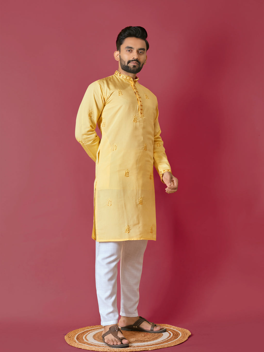 Men's Roman Silk Kurta With Hand Work Yellow