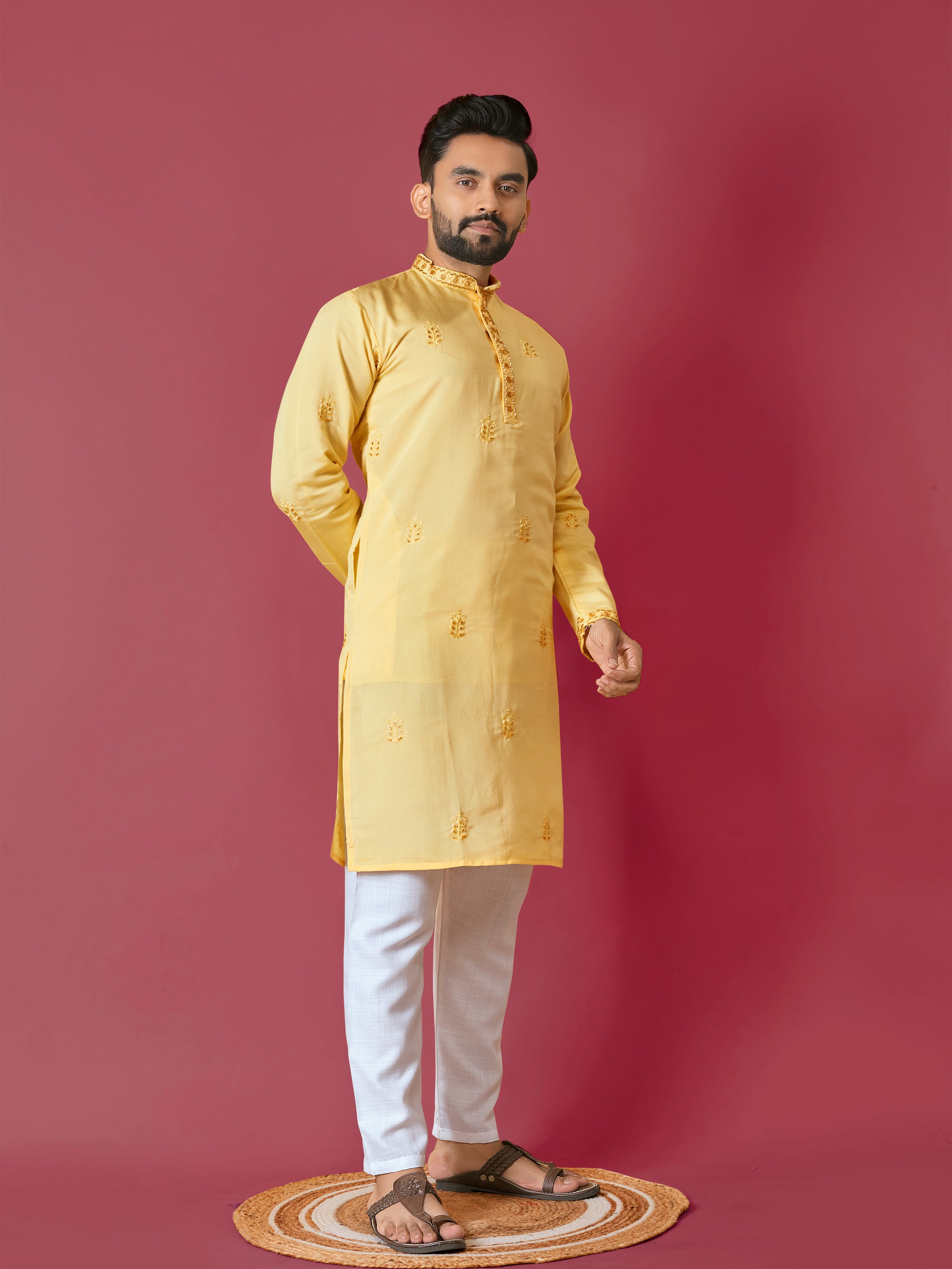 Men's Roman Silk Kurta With Hand Work Yellow