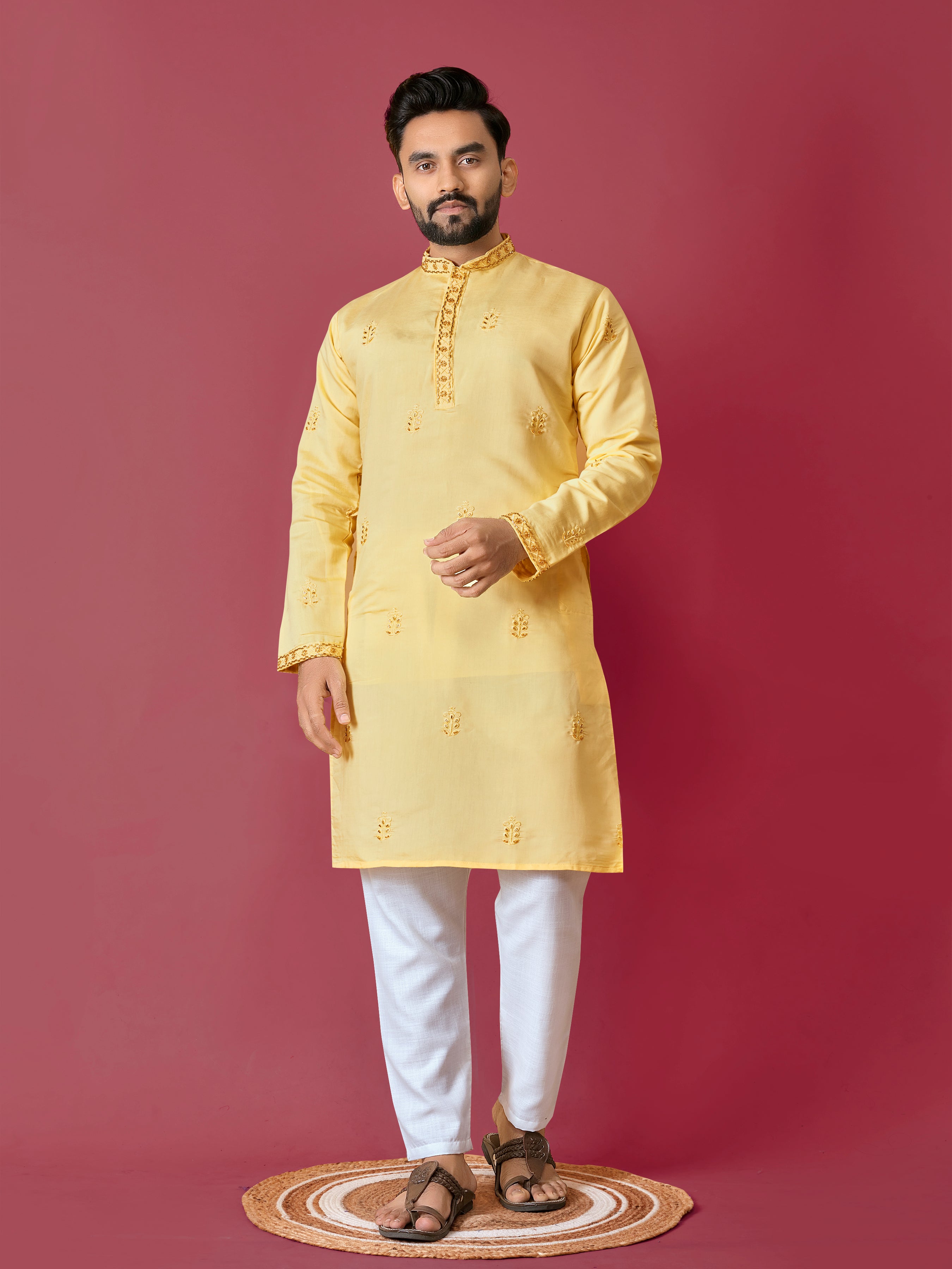 Men's Roman Silk Kurta With Hand Work Yellow