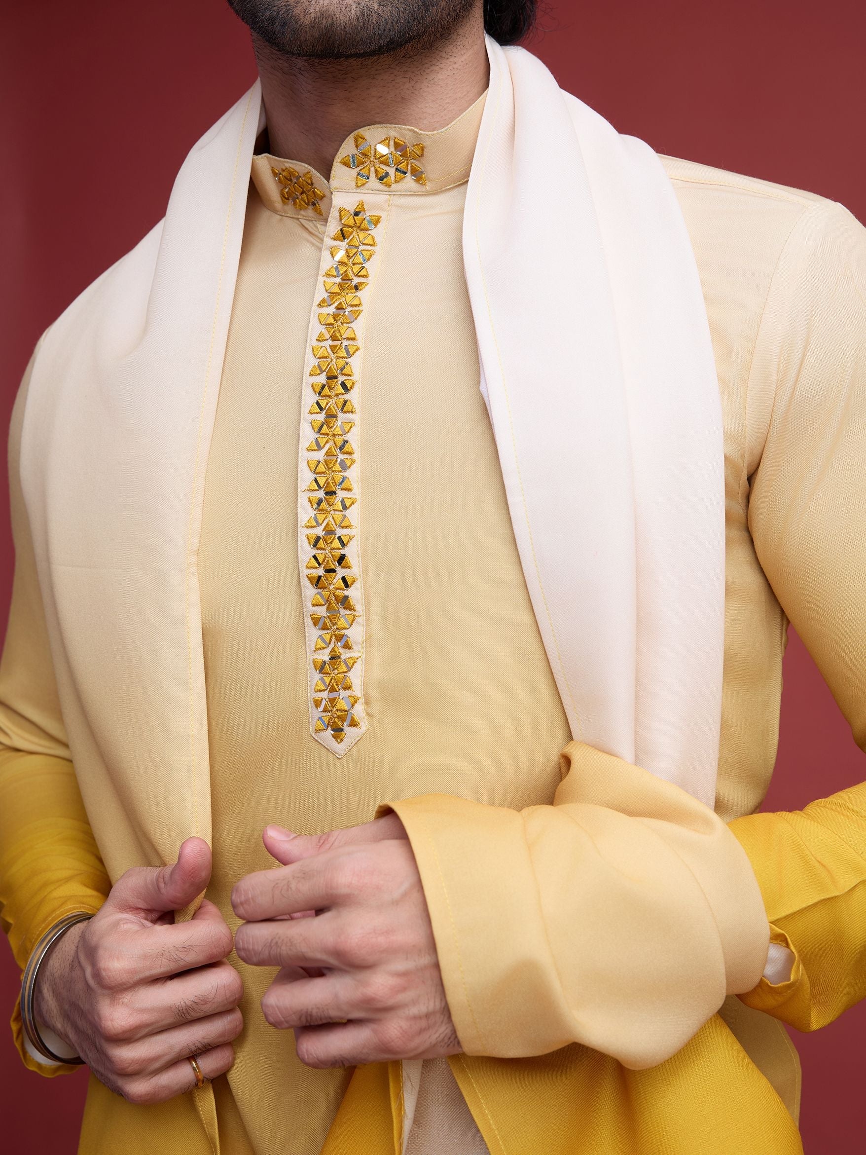 Men's Real Radiant Reflection Mirror Work Yellow Kurta