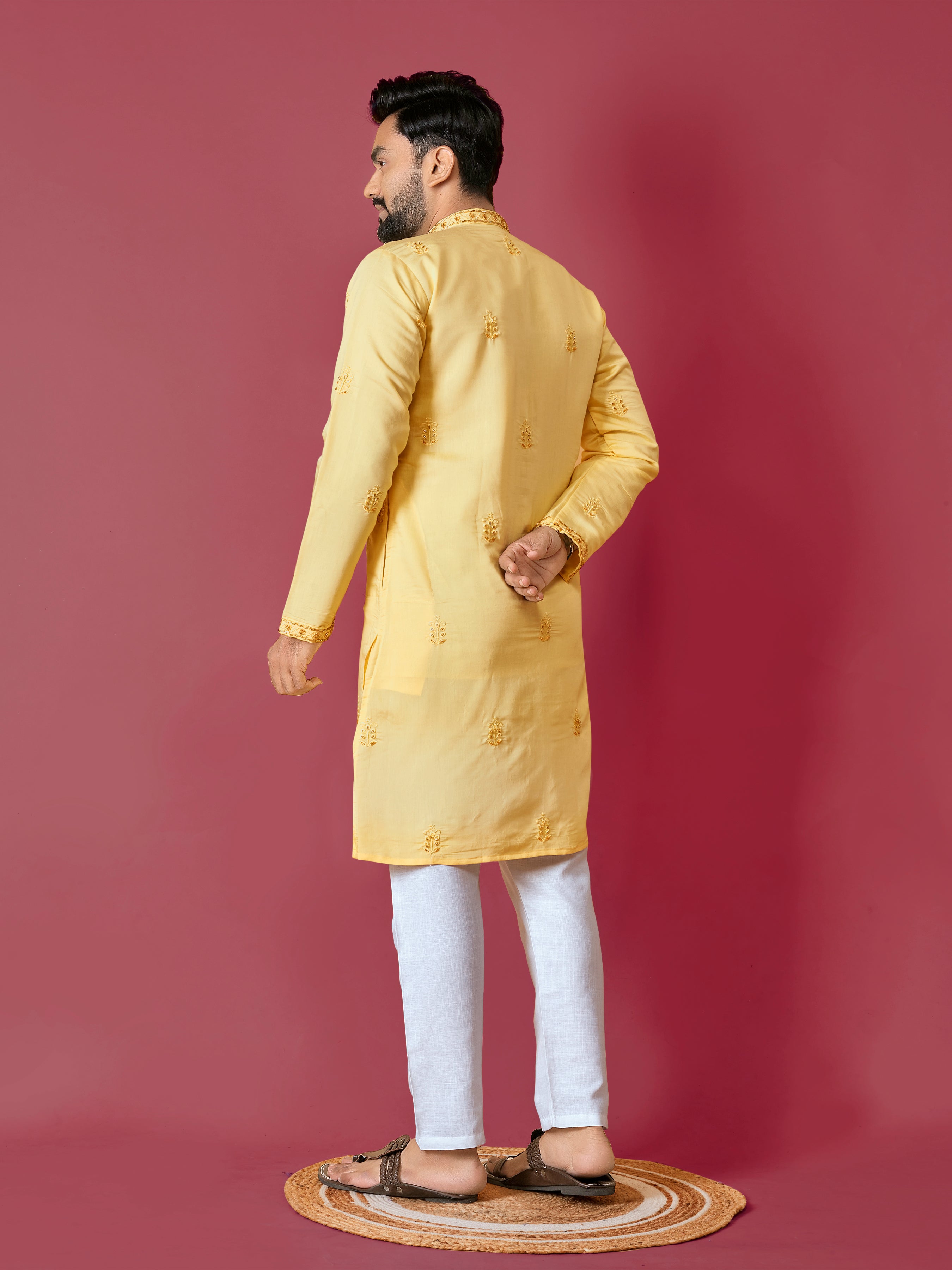 Men's Roman Silk Kurta With Hand Work Yellow