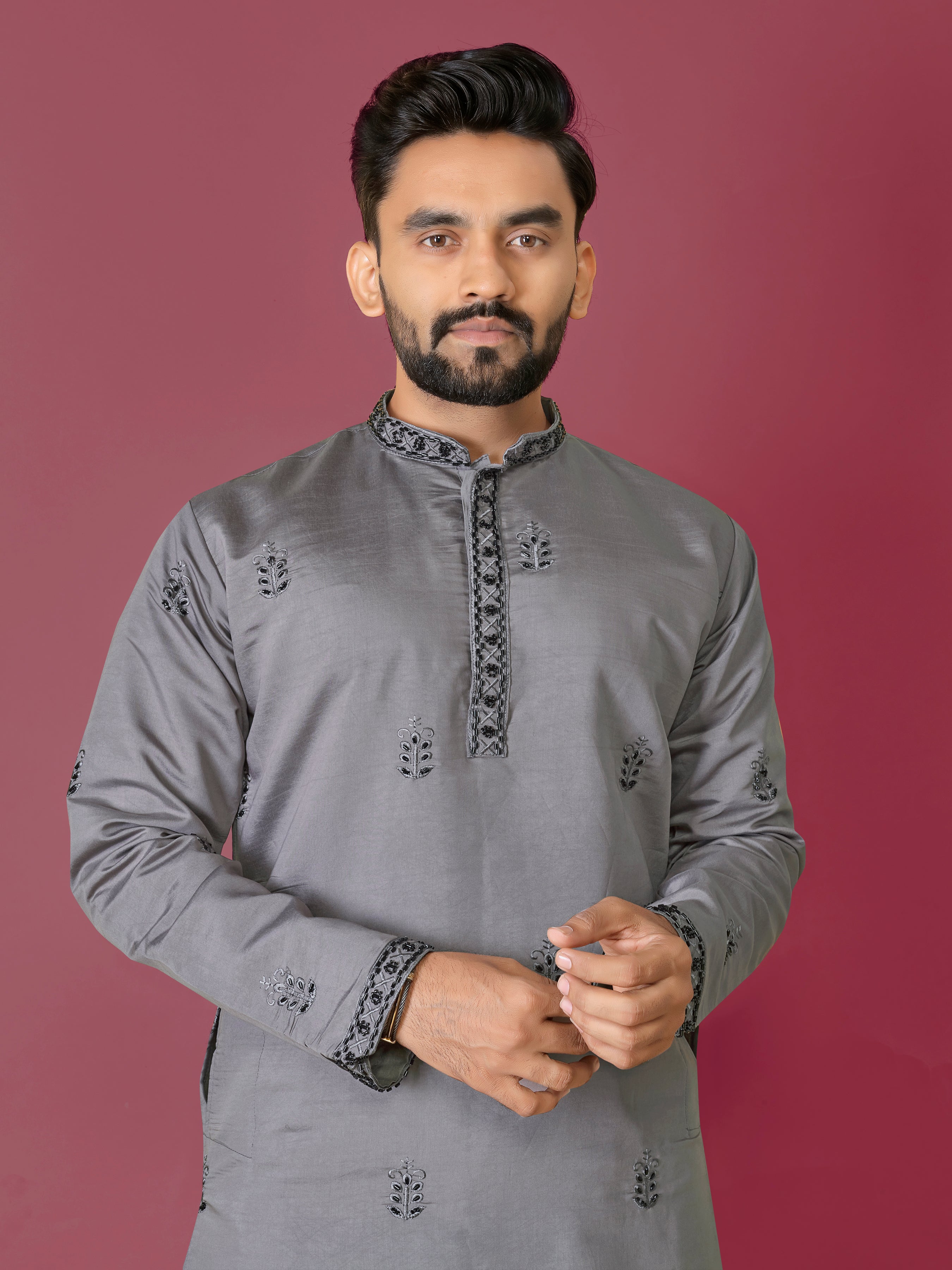 Men's Roman Silk Kurta With Hand Work Grey