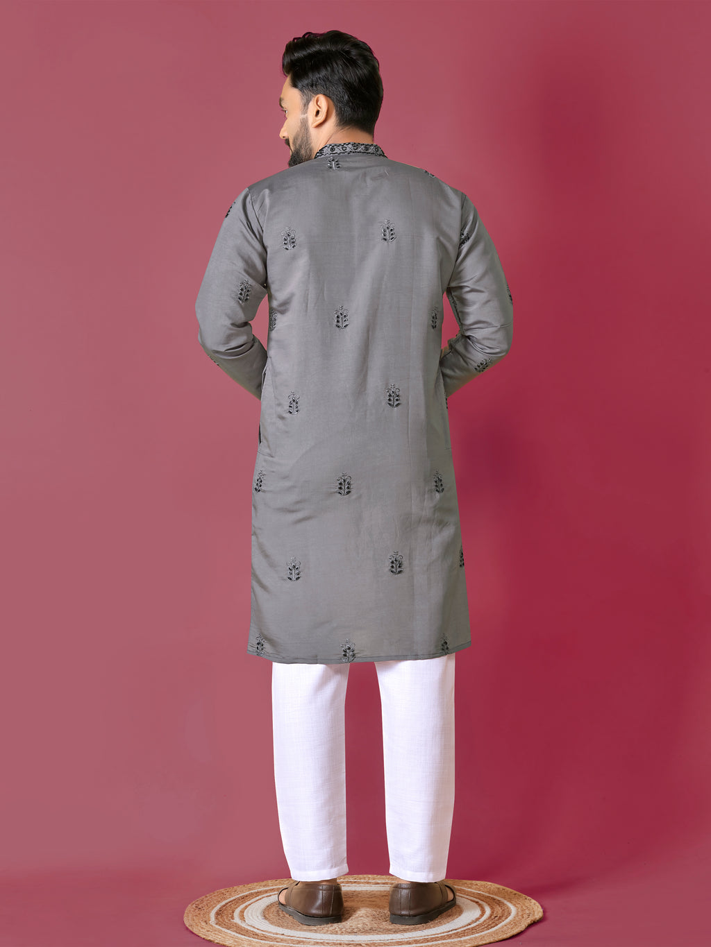 Men's Roman Silk Kurta With Hand Work Grey