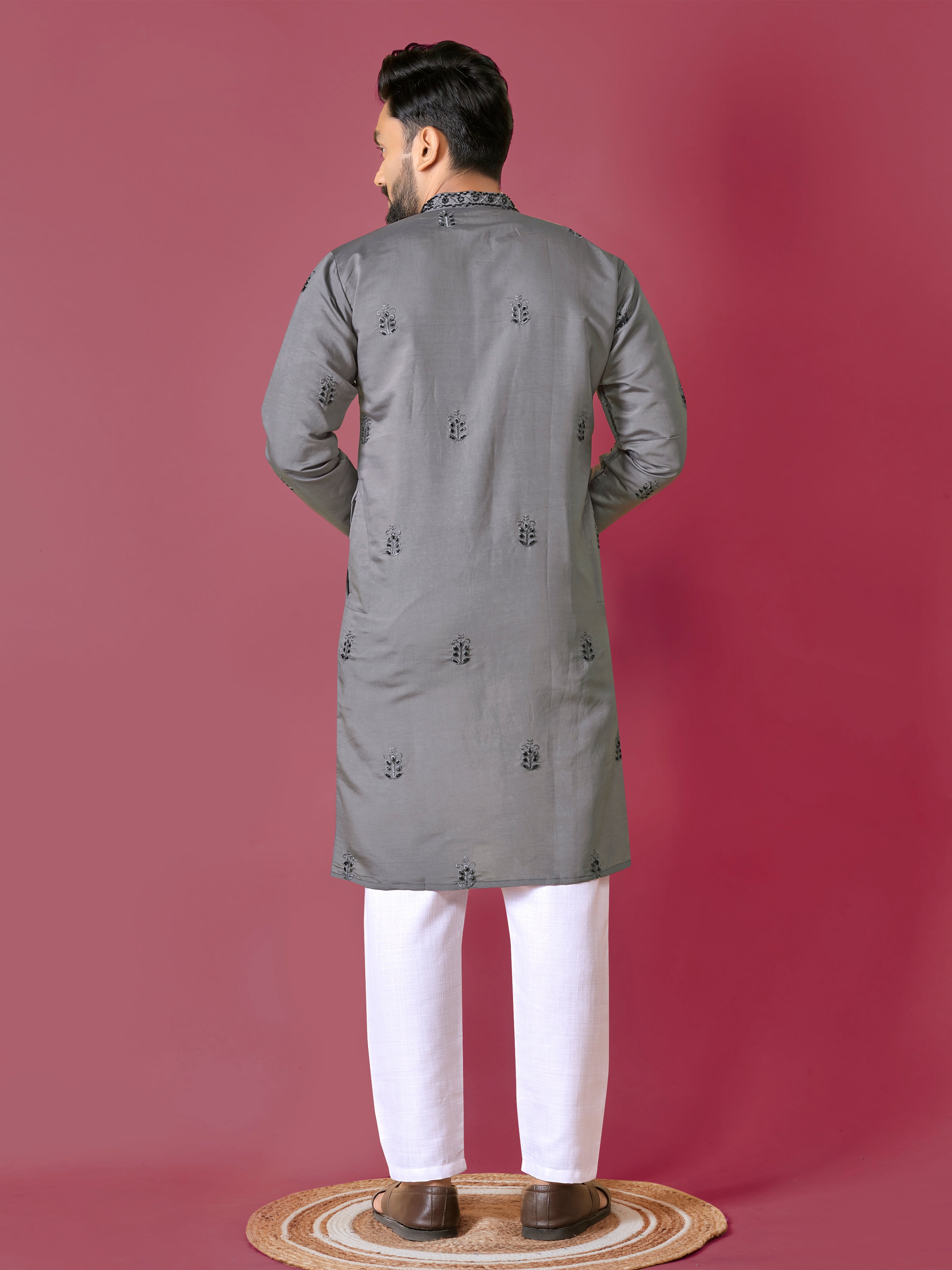 Men's Roman Silk Kurta With Hand Work Grey