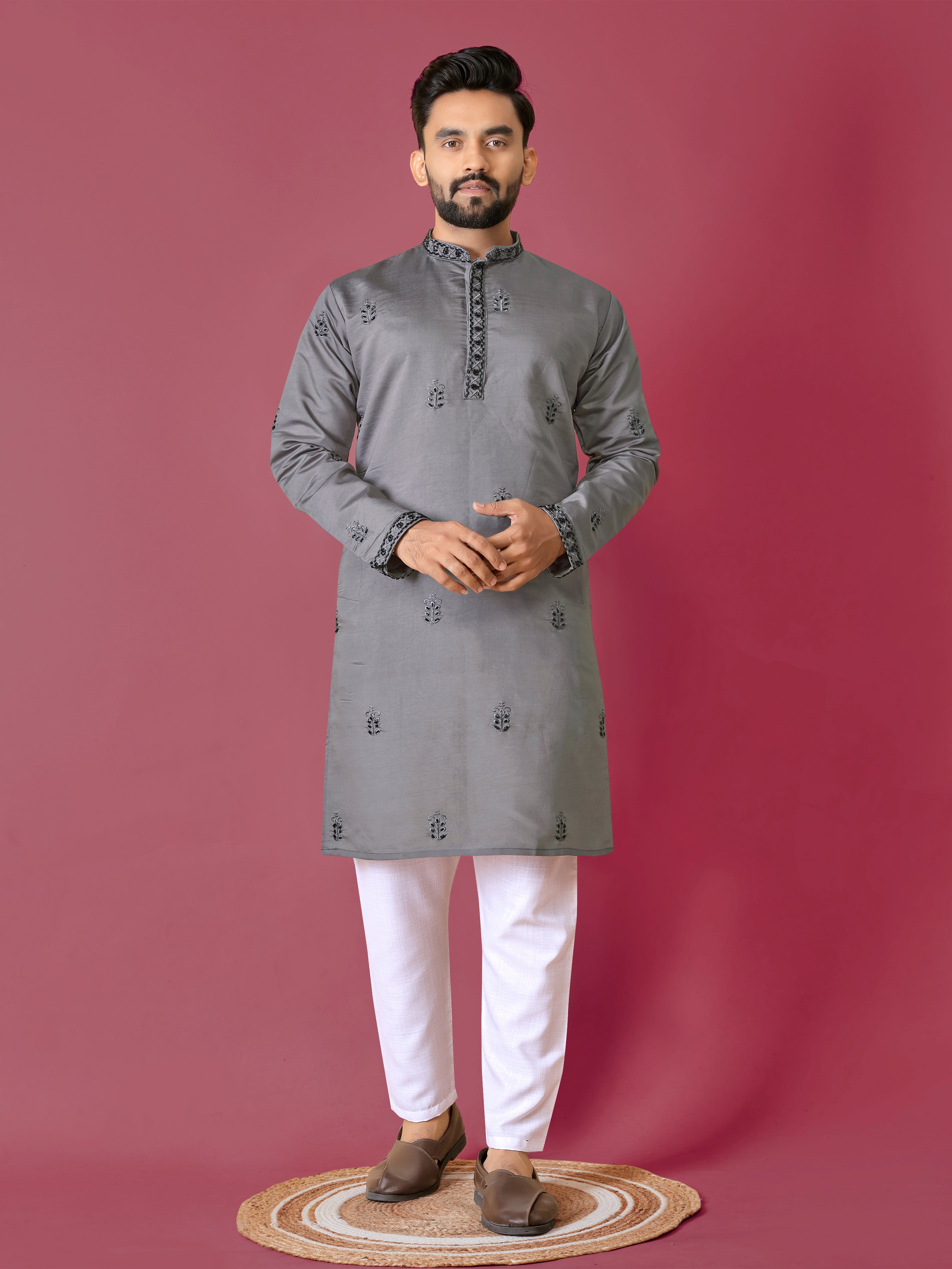Men's Roman Silk Kurta With Hand Work Grey