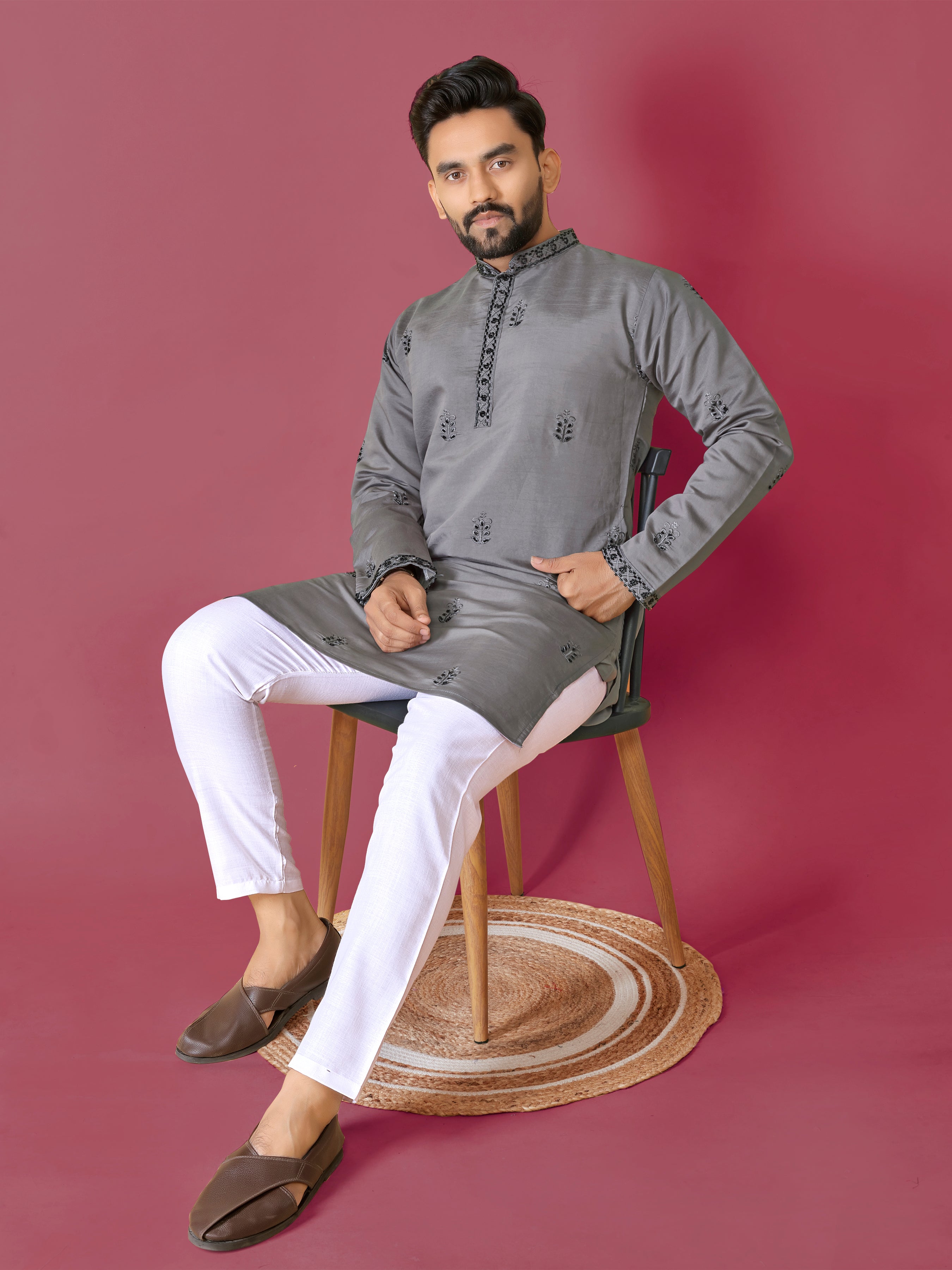 Men's Roman Silk Kurta With Hand Work Grey