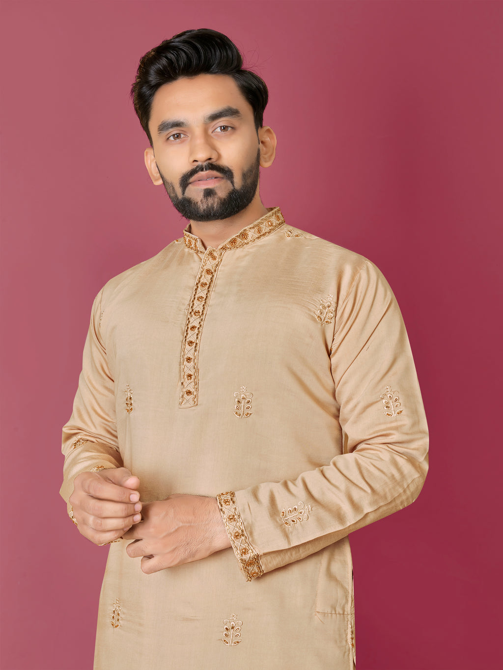 Men's Roman Silk Kurta With Hand Work Mustard
