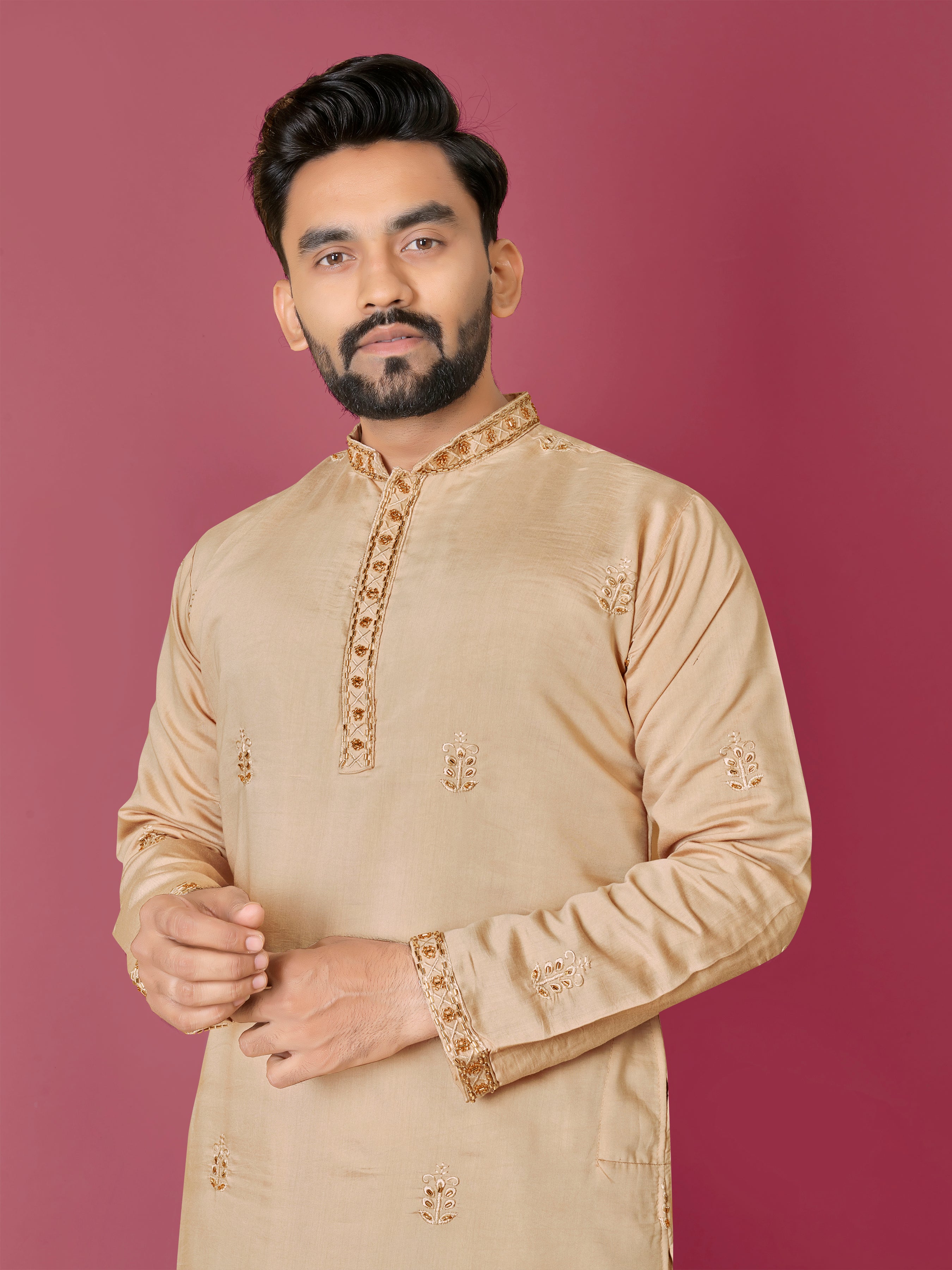Men's Roman Silk Kurta With Hand Work Mustard
