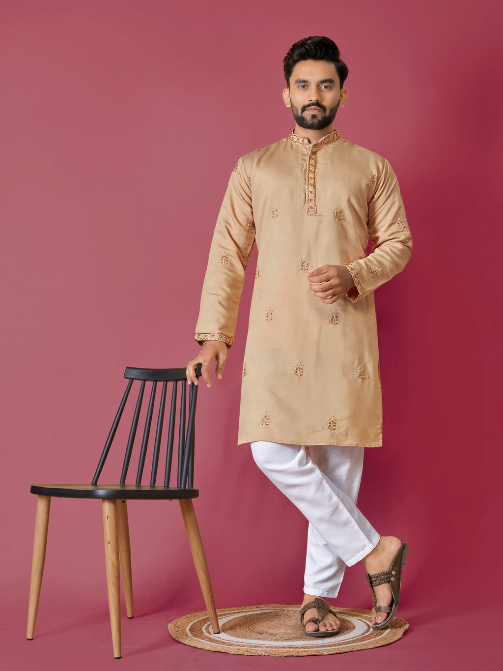 Men's Roman Silk Kurta With Hand Work Mustard
