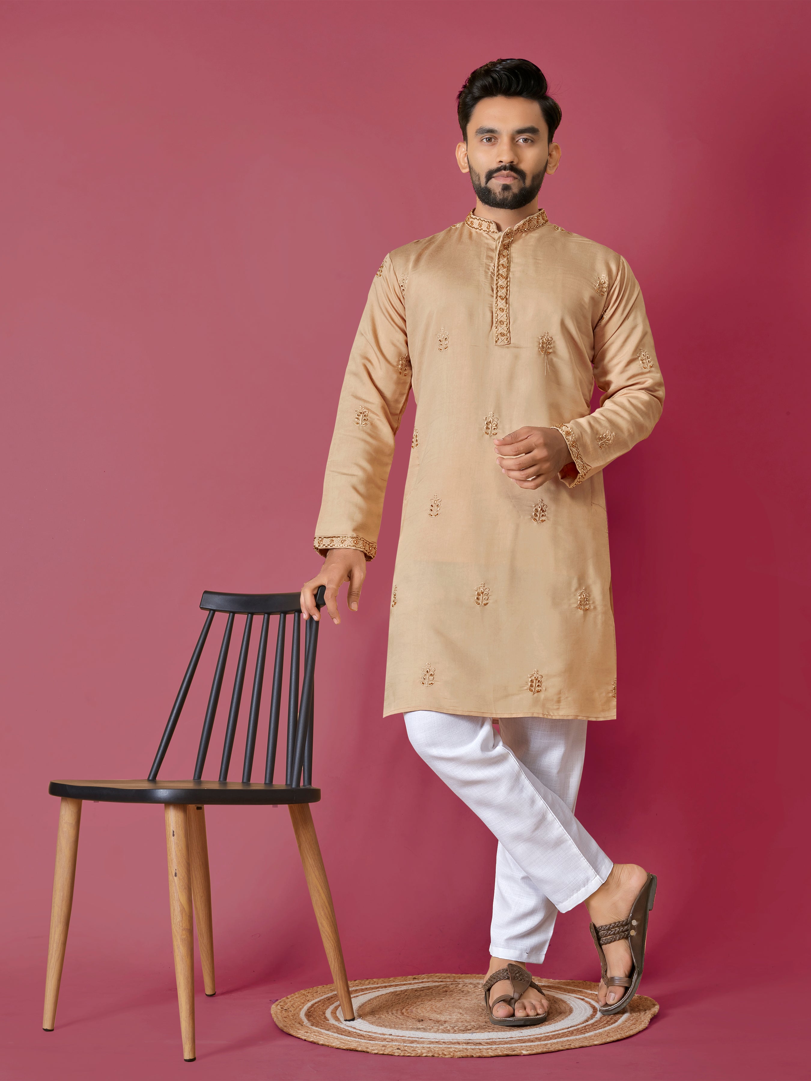 Men's Roman Silk Kurta With Hand Work Mustard