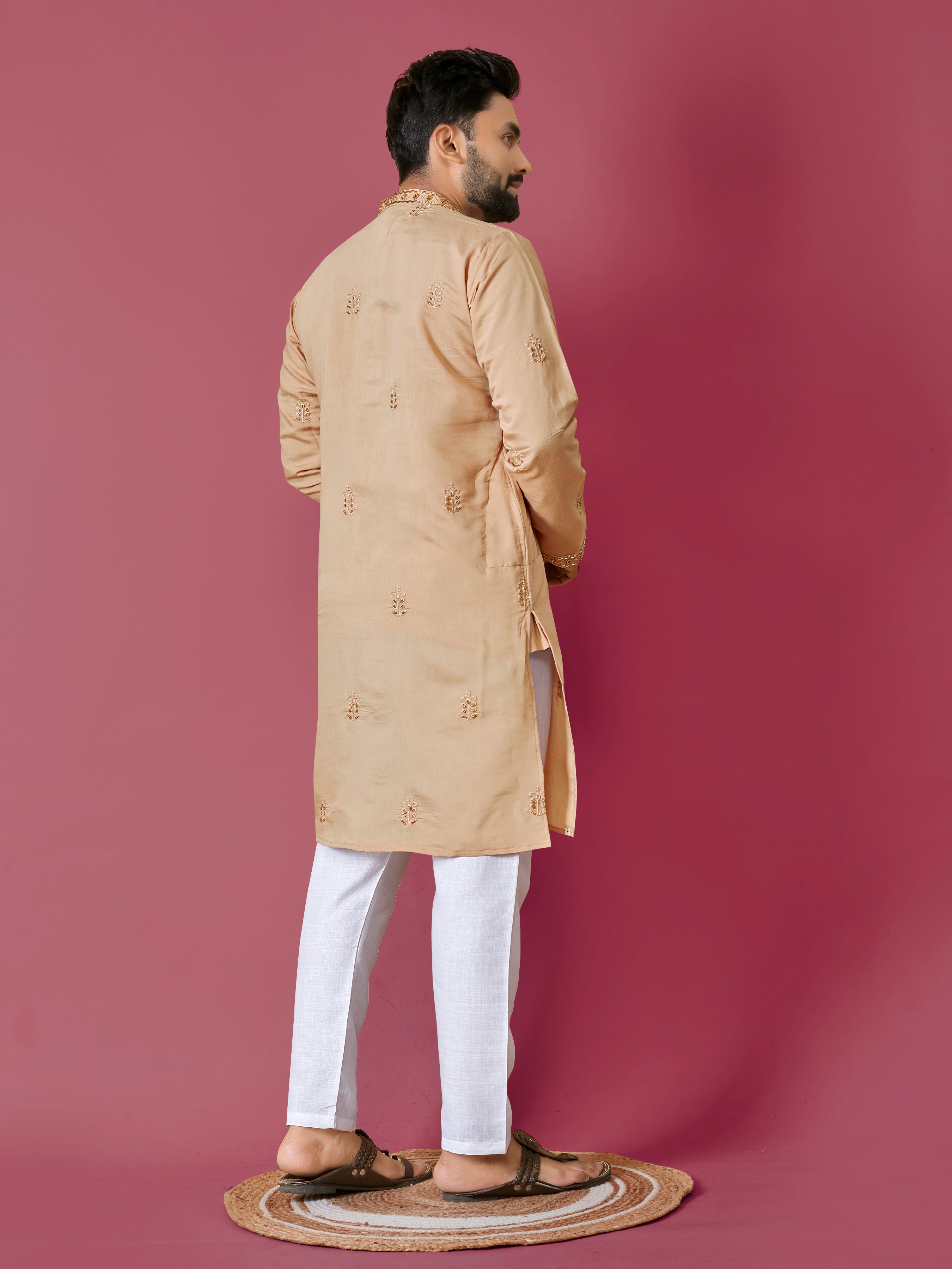 Men's Roman Silk Kurta With Hand Work Mustard
