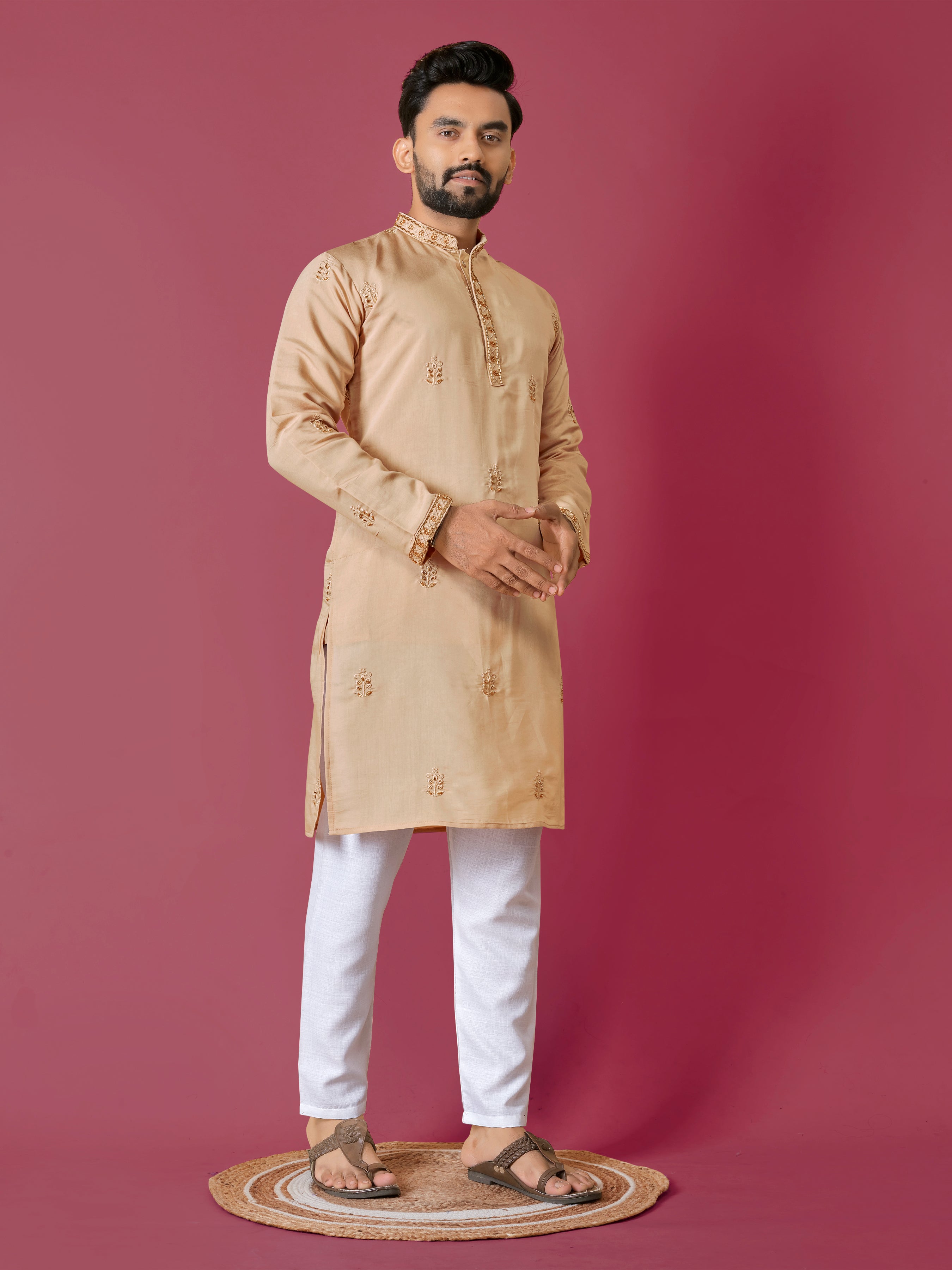 Men's Roman Silk Kurta With Hand Work Mustard