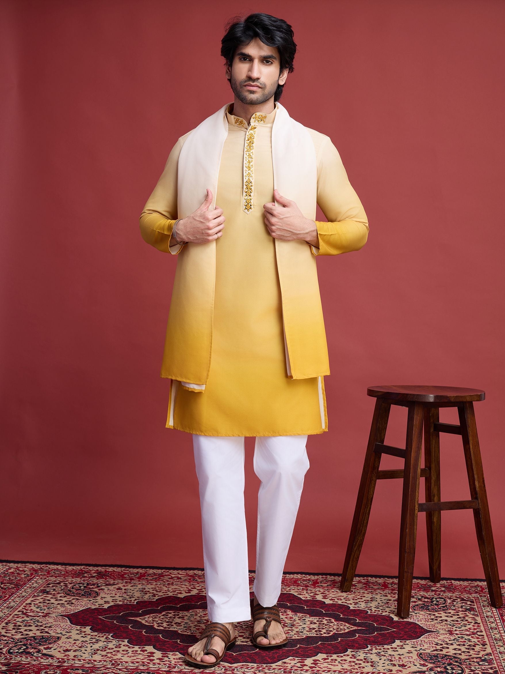Men's Real Radiant Reflection Mirror Work Yellow Kurta