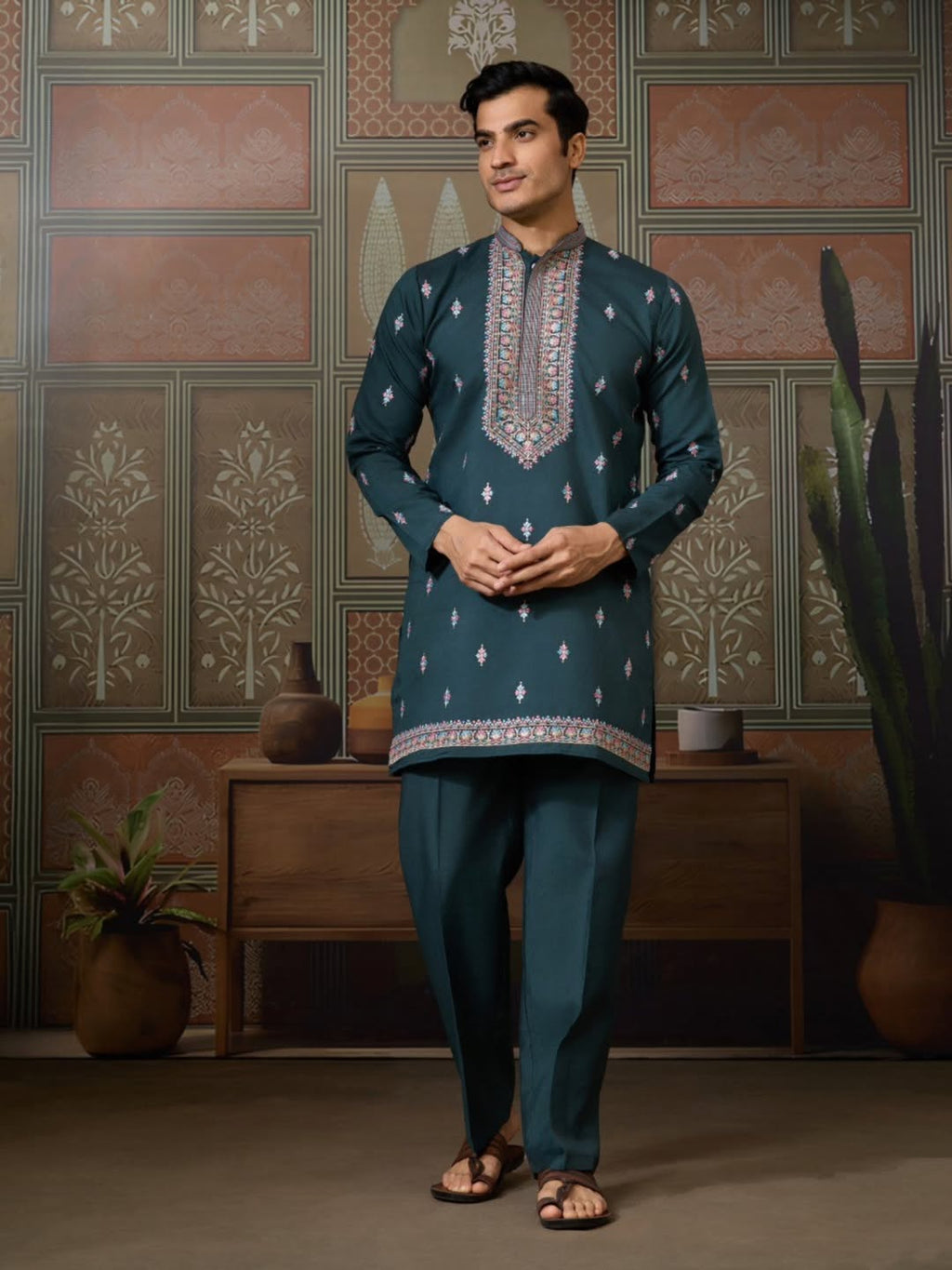 Men’s Premium Designer Kurta Koti Set with Pyjama Bottle Green