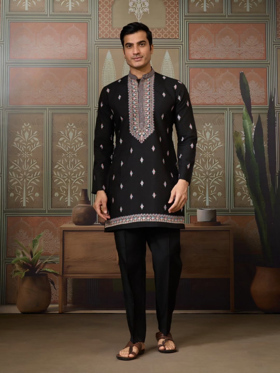Men’s Premium Designer Kurta Koti Set with Pyjama Black