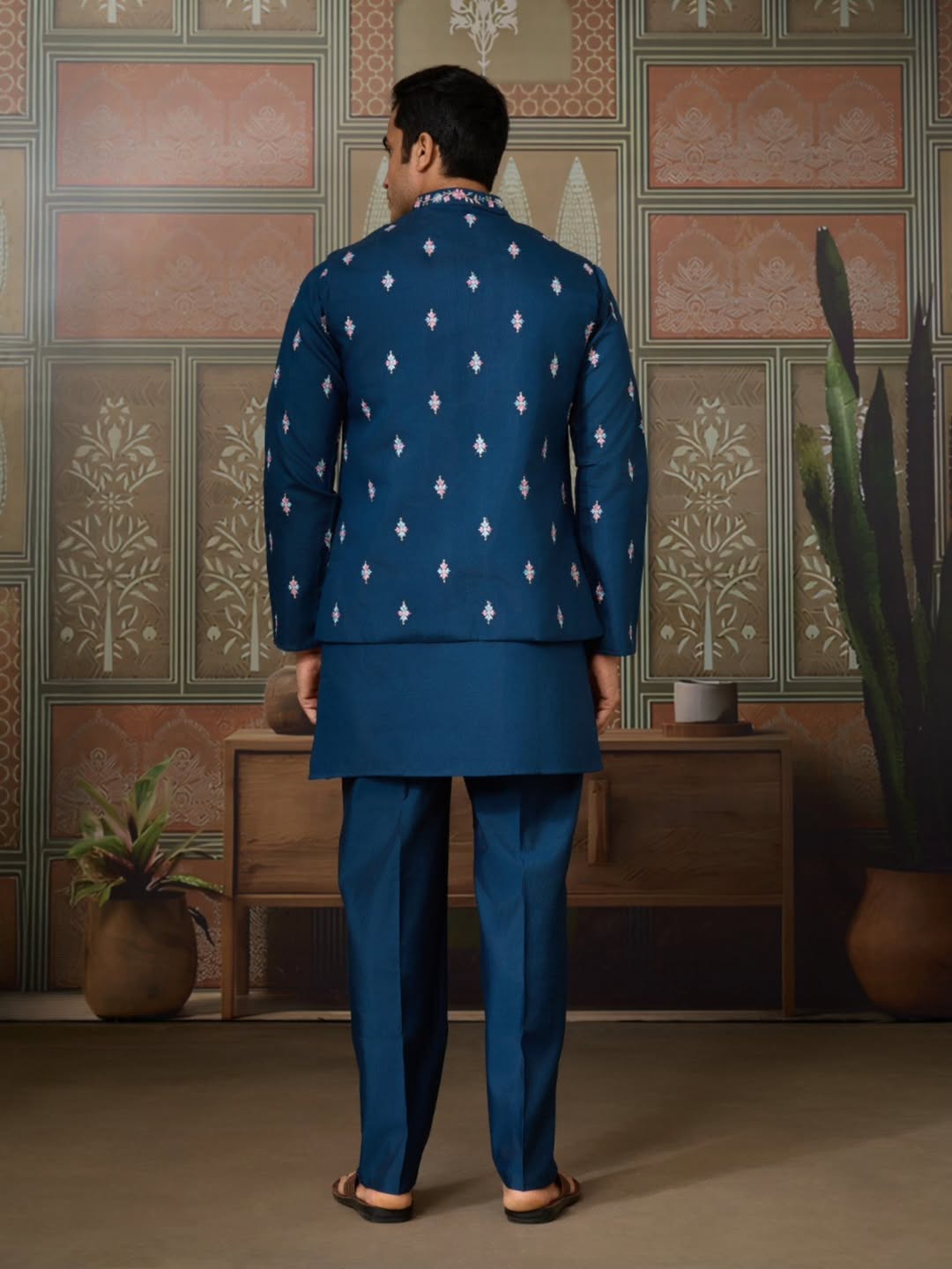 Men’s Premium Designer Kurta Koti Set with Pyjama Navy Blue