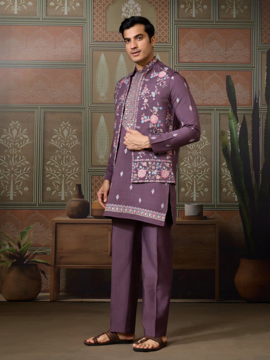Men’s Premium Designer Kurta Koti Set with Pyjama Purple