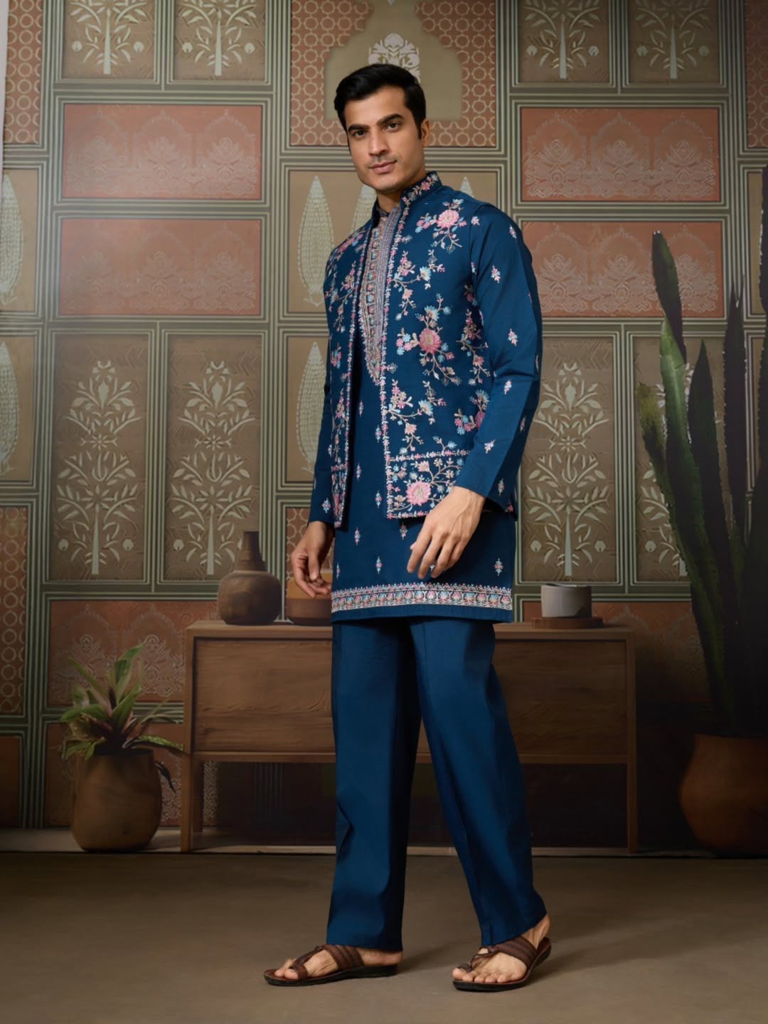Men’s Premium Designer Kurta Koti Set with Pyjama Navy Blue