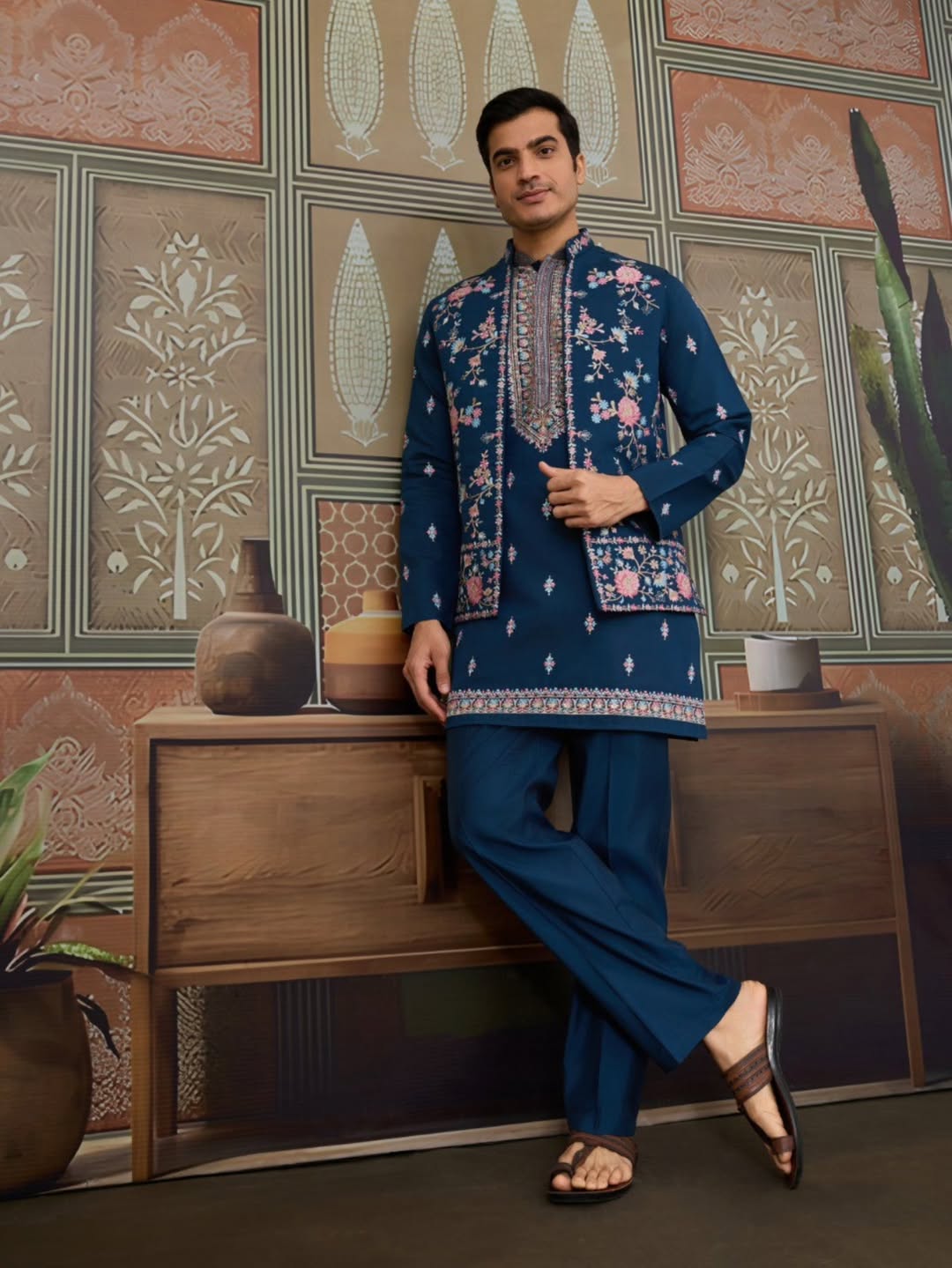 Men’s Premium Designer Kurta Koti Set with Pyjama Navy Blue