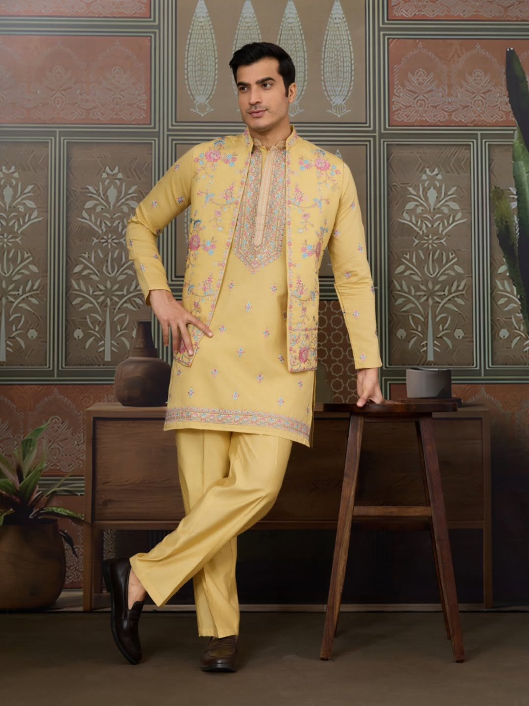 Men’s Premium Designer Kurta Koti Set with Pyjama Yellow