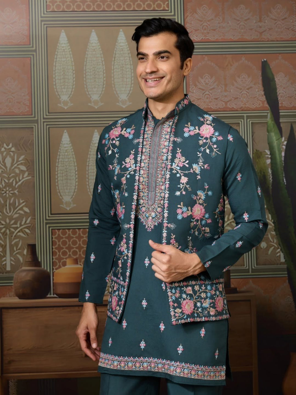 Men’s Premium Designer Kurta Koti Set with Pyjama Bottle Green