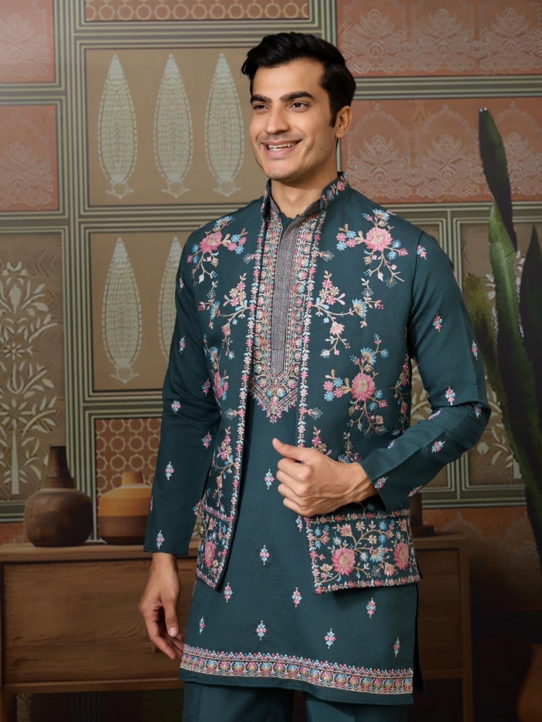 Men’s Premium Designer Kurta Koti Set with Pyjama Bottle Green