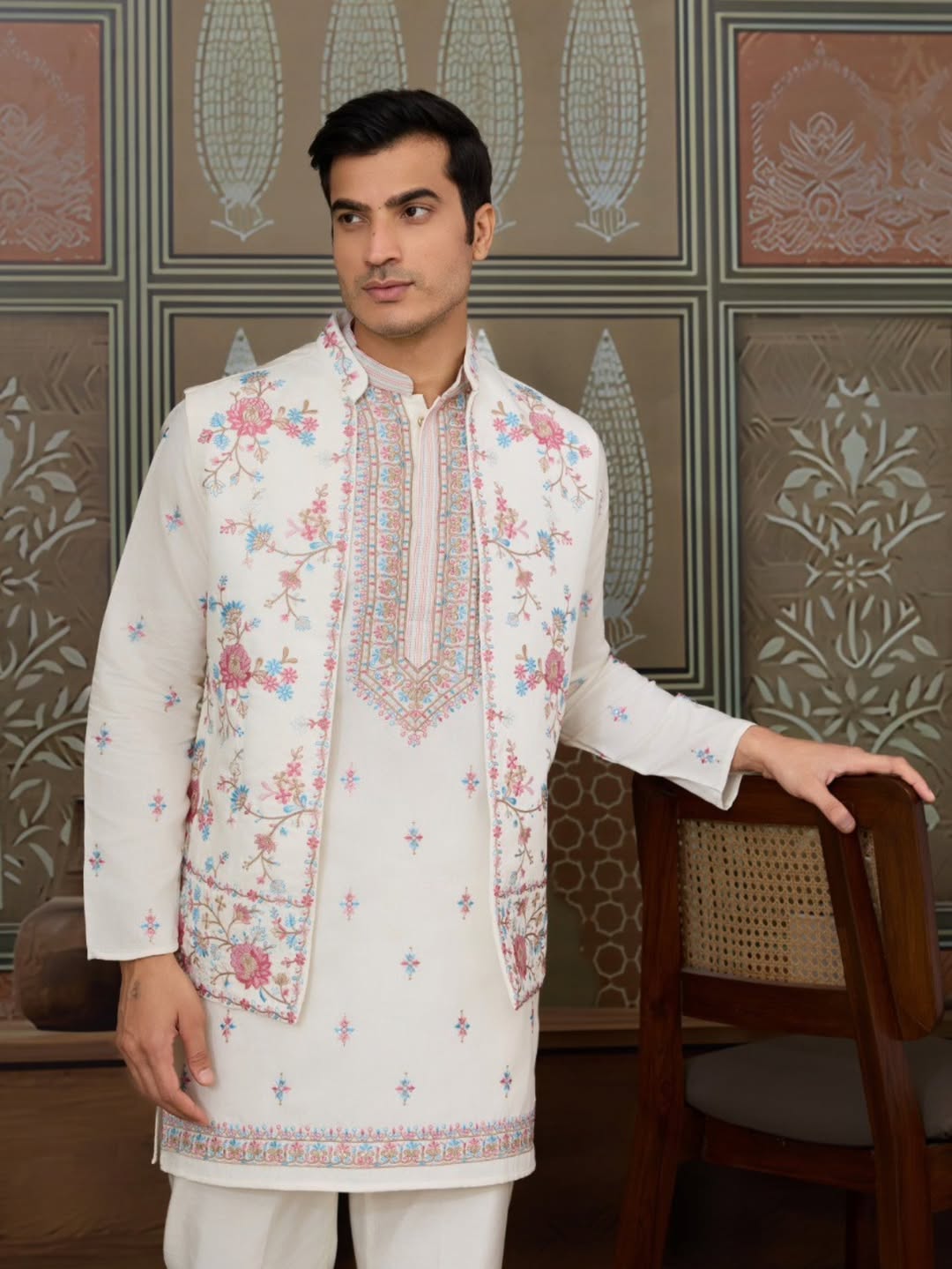 Men’s Premium Designer Kurta Koti Set with Pyjama White