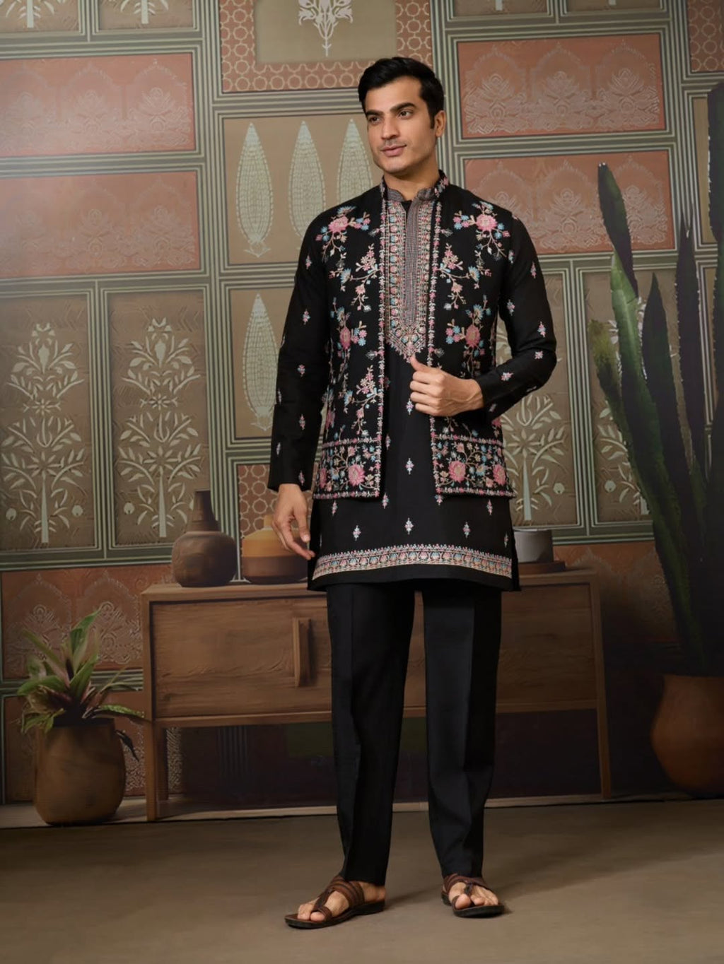 Men’s Premium Designer Kurta Koti Set with Pyjama Black