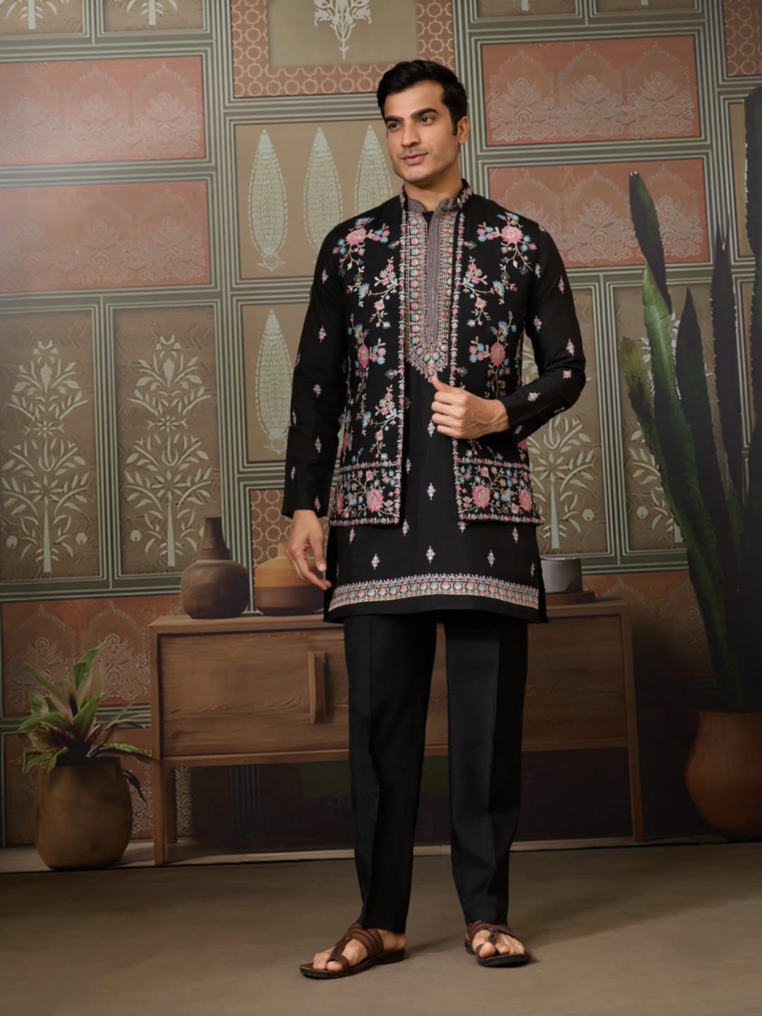 Men’s Premium Designer Kurta Koti Set with Pyjama Black