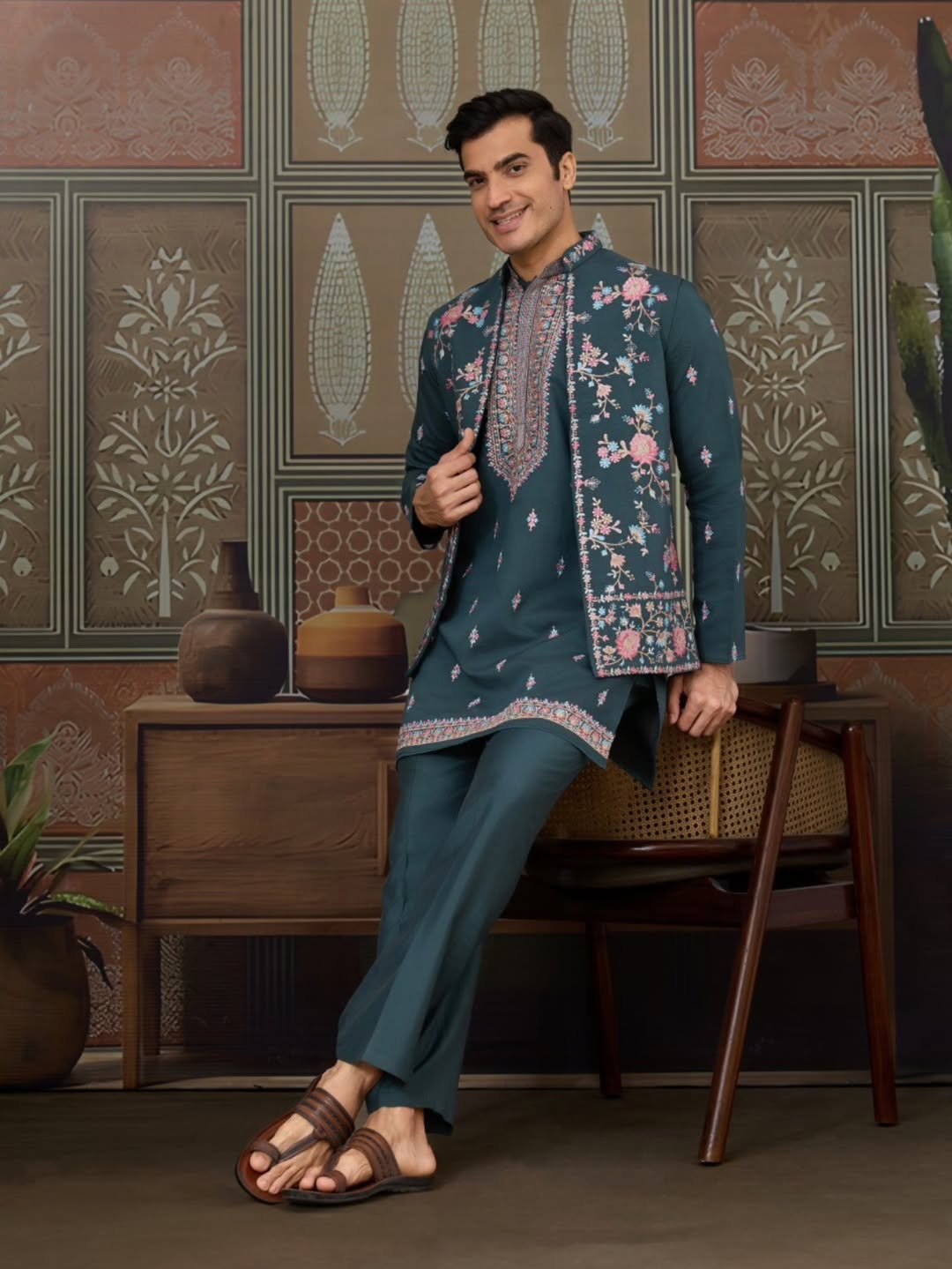 Men’s Premium Designer Kurta Koti Set with Pyjama Bottle Green