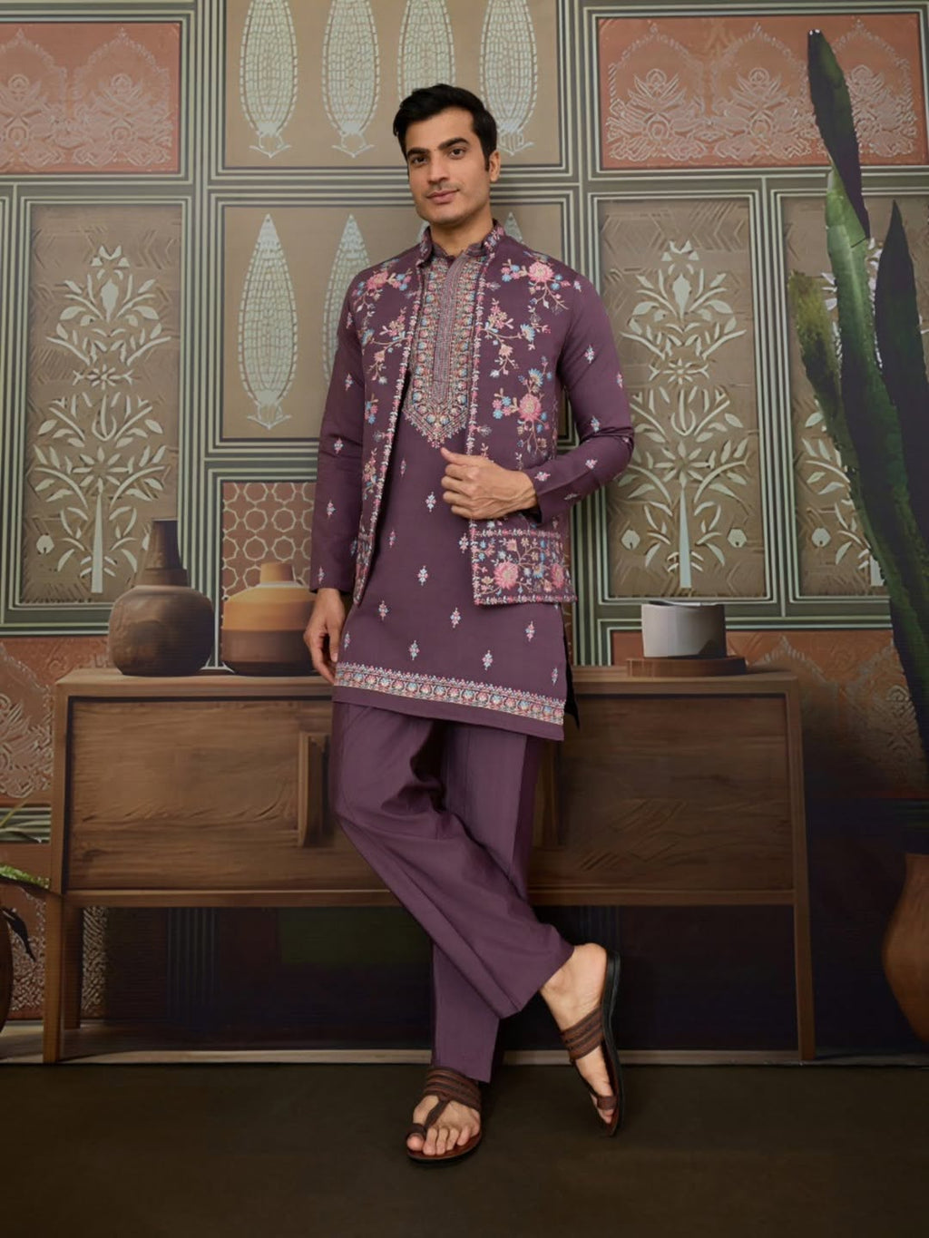 Men’s Premium Designer Kurta Koti Set with Pyjama Purple