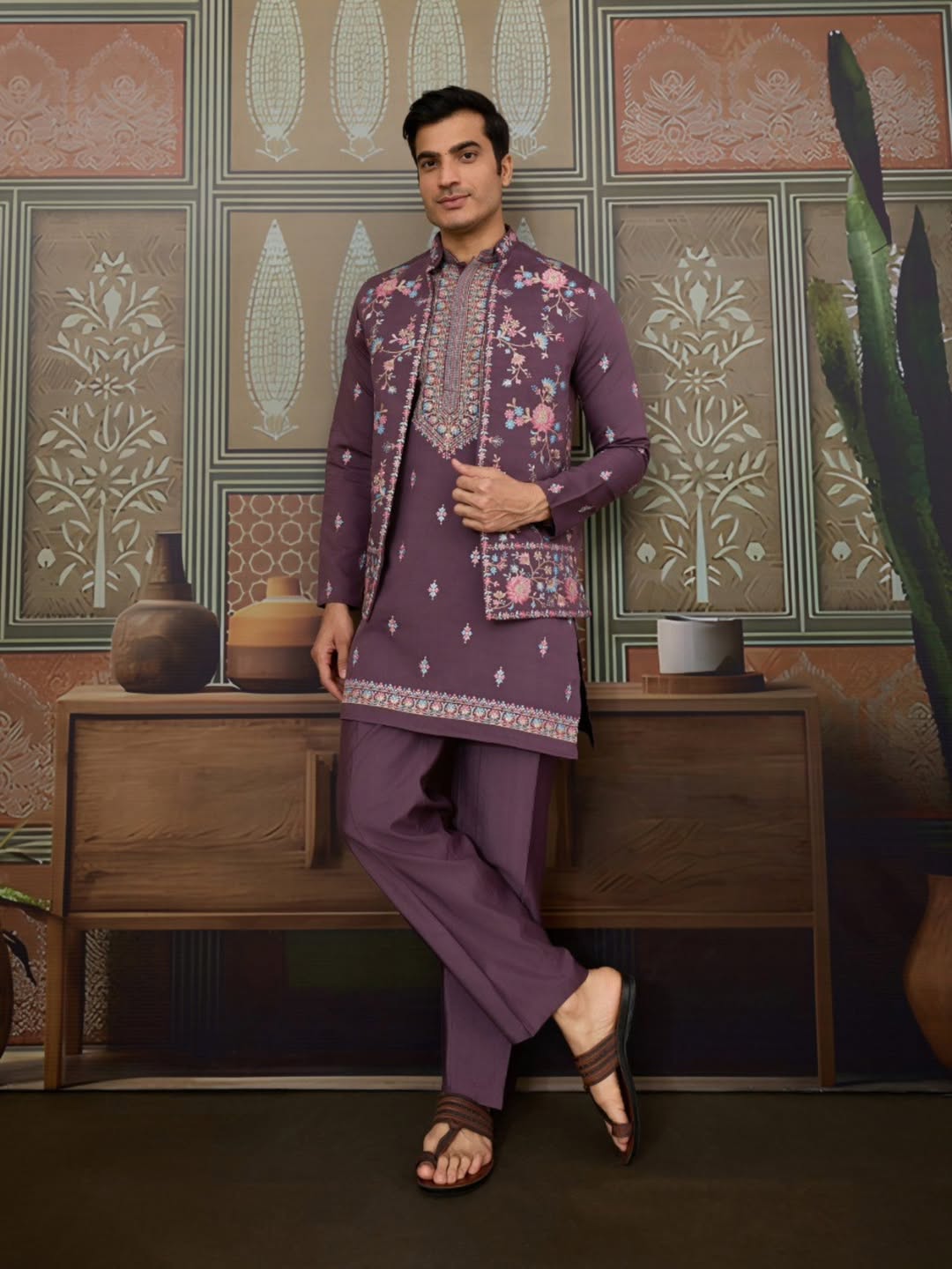 Men’s Premium Designer Kurta Koti Set with Pyjama Purple