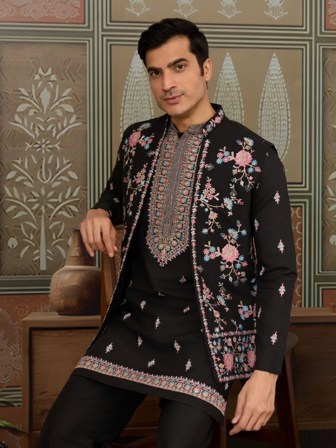 Men’s Premium Designer Kurta Koti Set with Pyjama Black